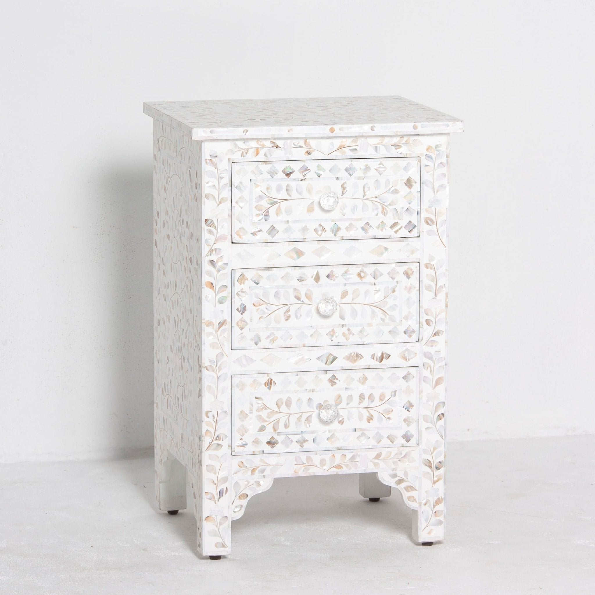 OCEAN-WHITE MOTHER OF PEARL THREE DRAWER BEDSIDE TABLE - Art and craft furniture