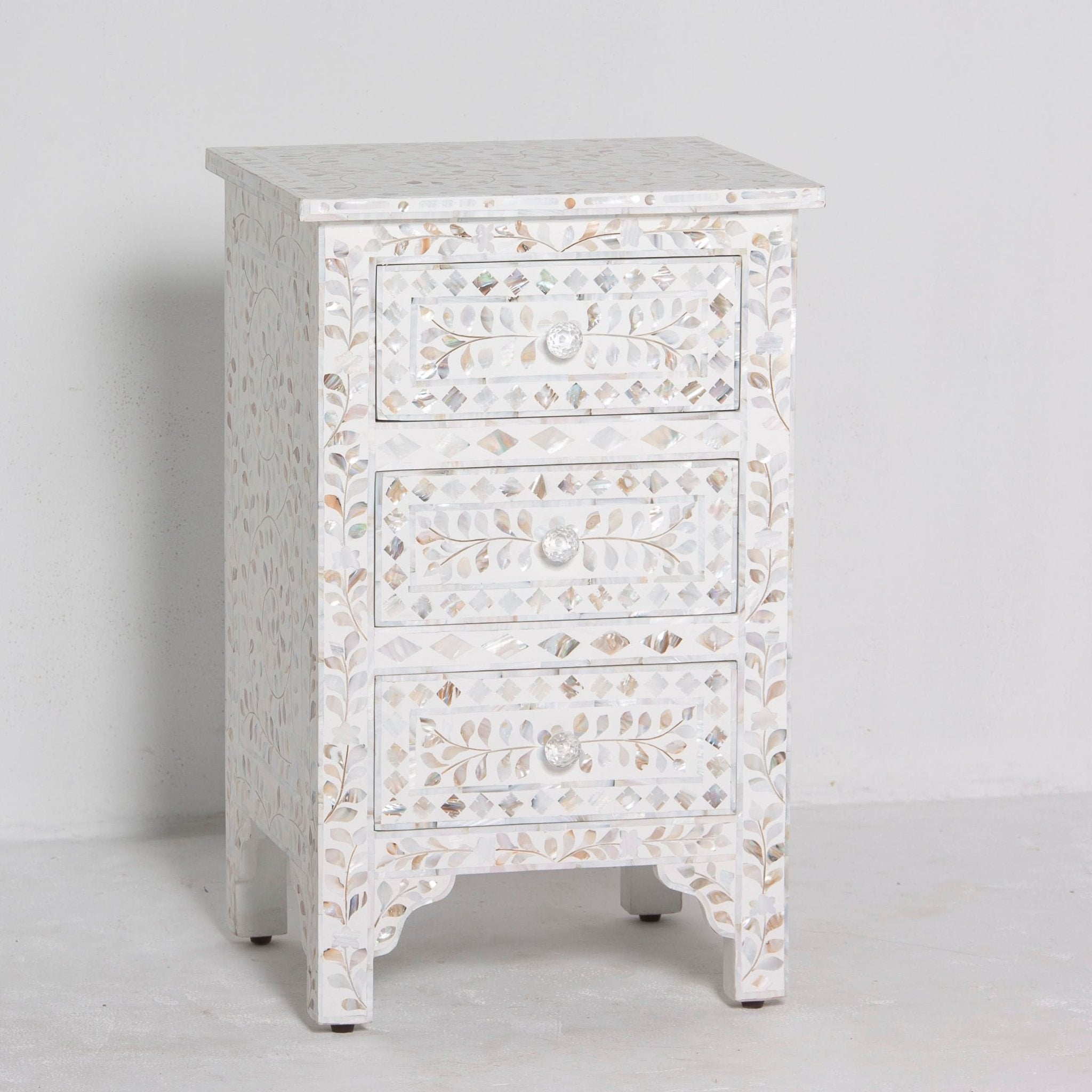 OCEAN-WHITE MOTHER OF PEARL THREE DRAWER BEDSIDE TABLE - Art and craft furniture
