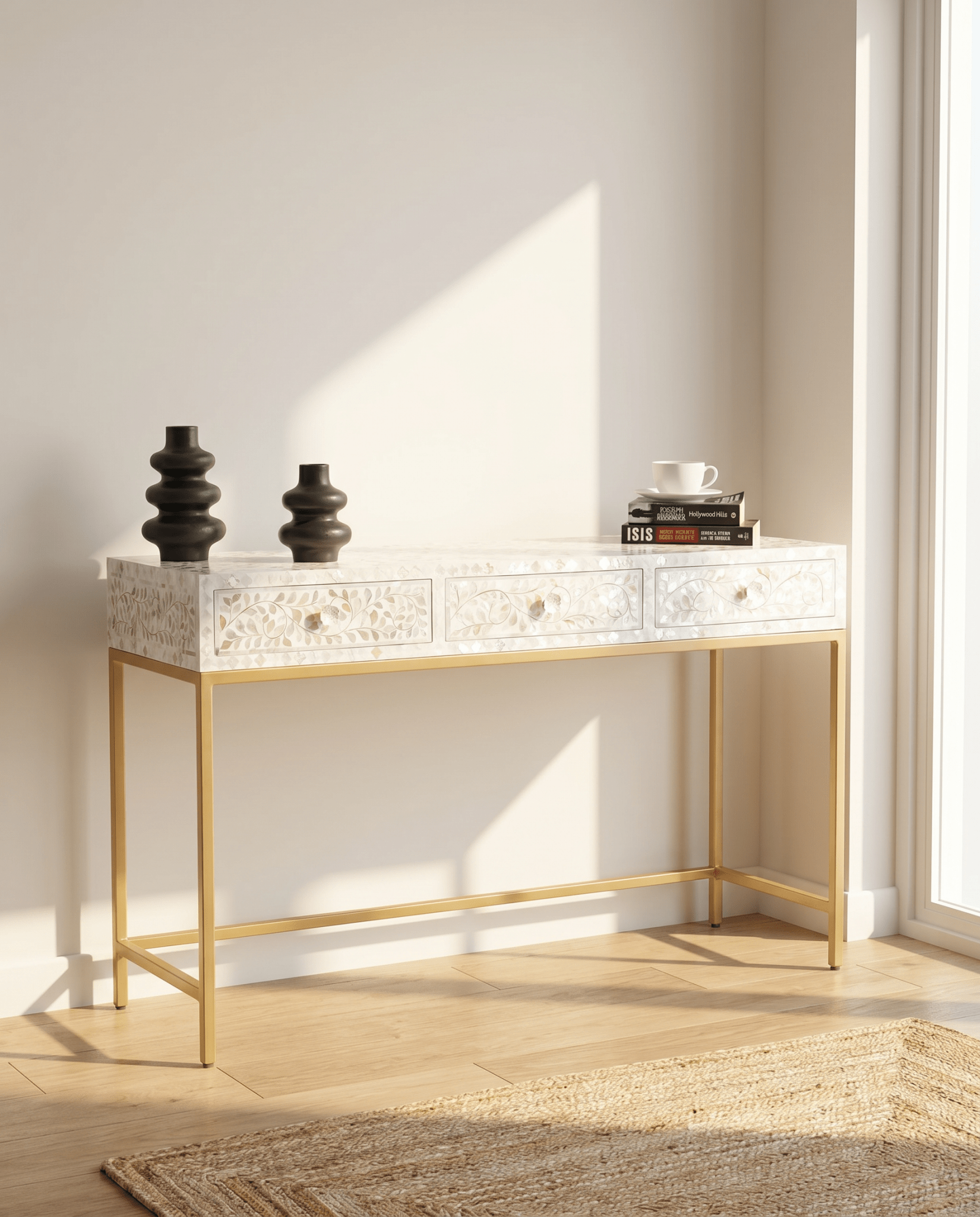 OCEAN-WHITE MOTHER OF PEARL THREE DRAWER CONSOLE - Art and craft furniture