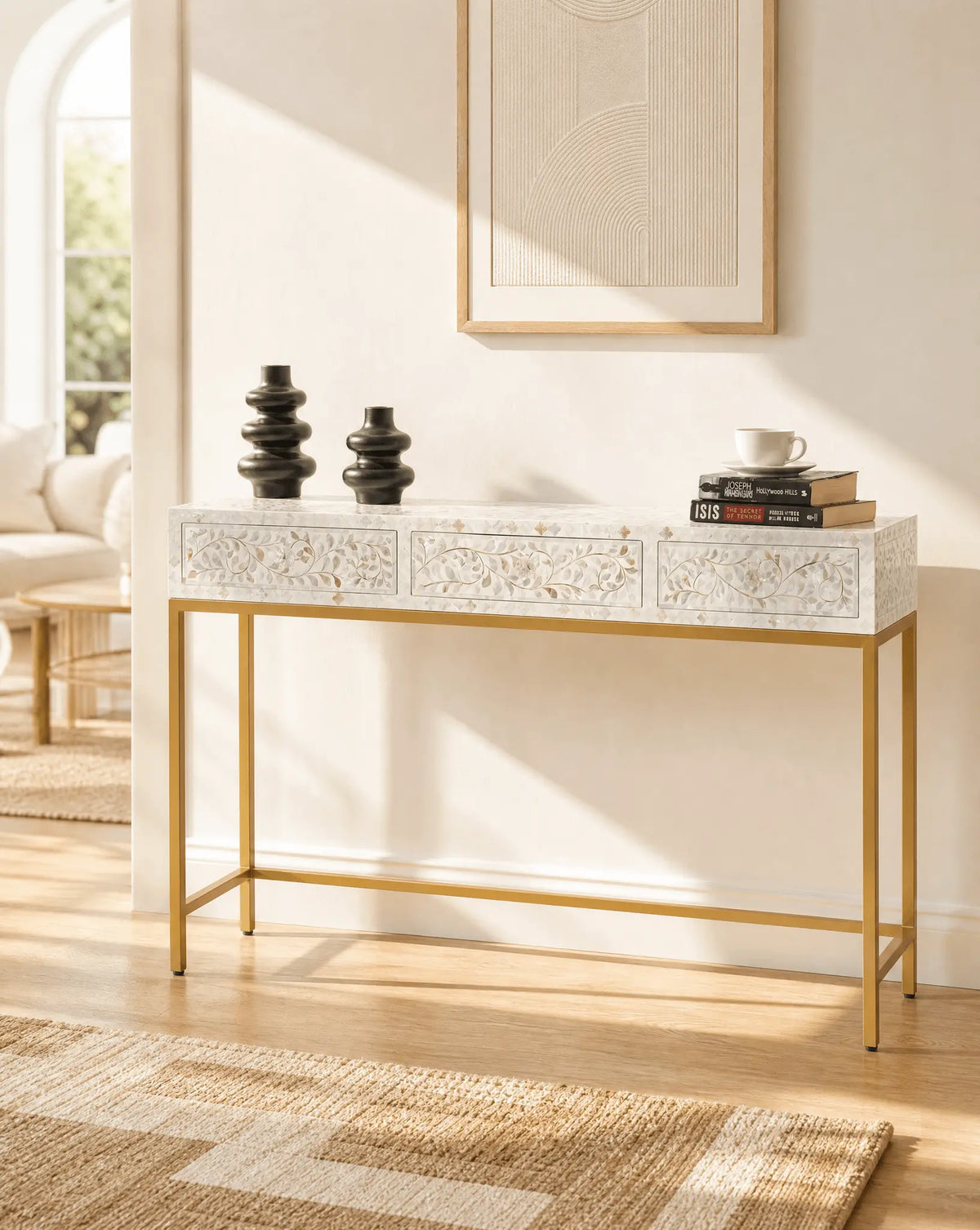 Ocean White Mother of Pearl Three Drawer Console - Art and craft furniture