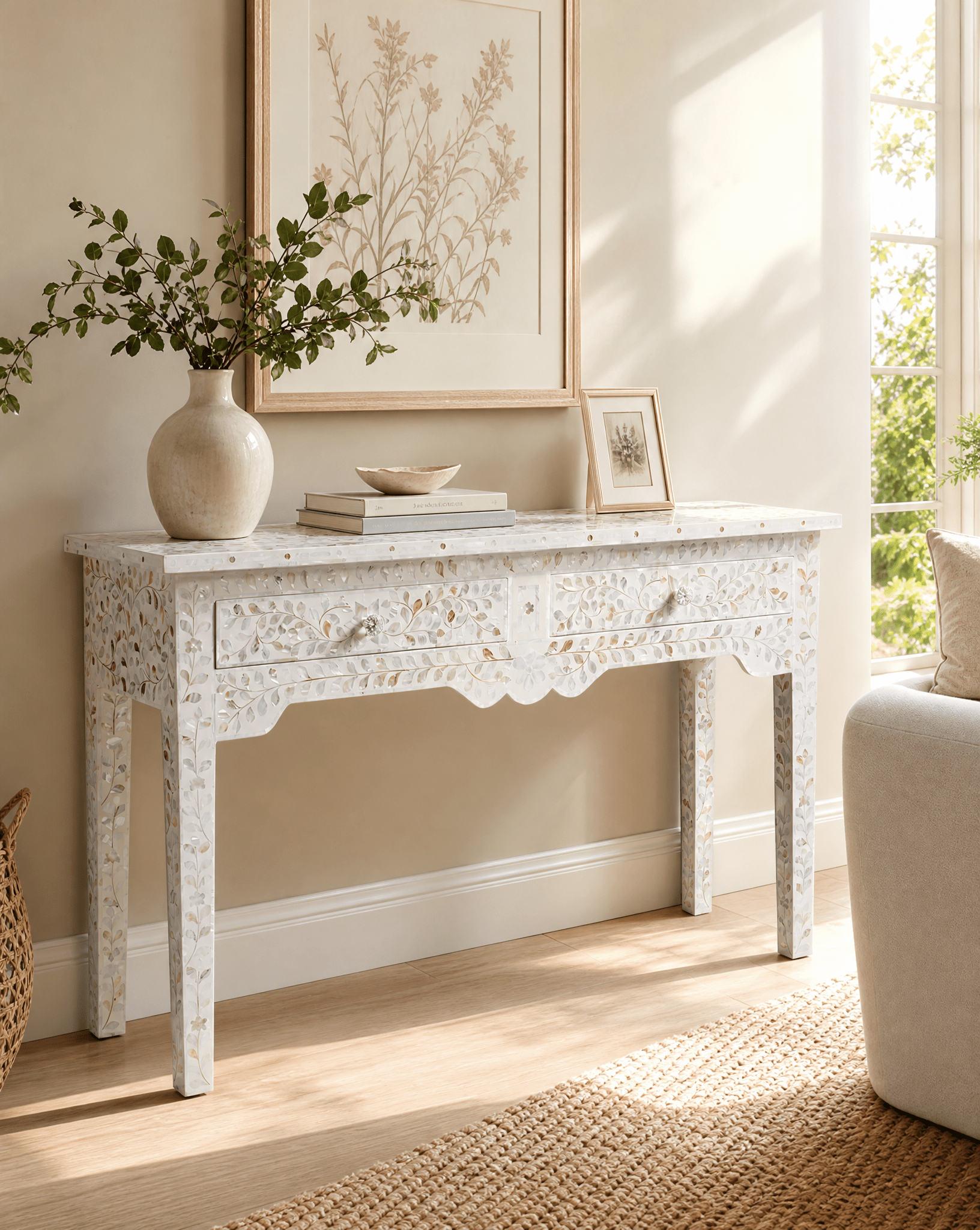 OCEAN-WHITE MOTHER OF PEARL TWO DRAWER CONSOLE TABLE - Art and craft furniture