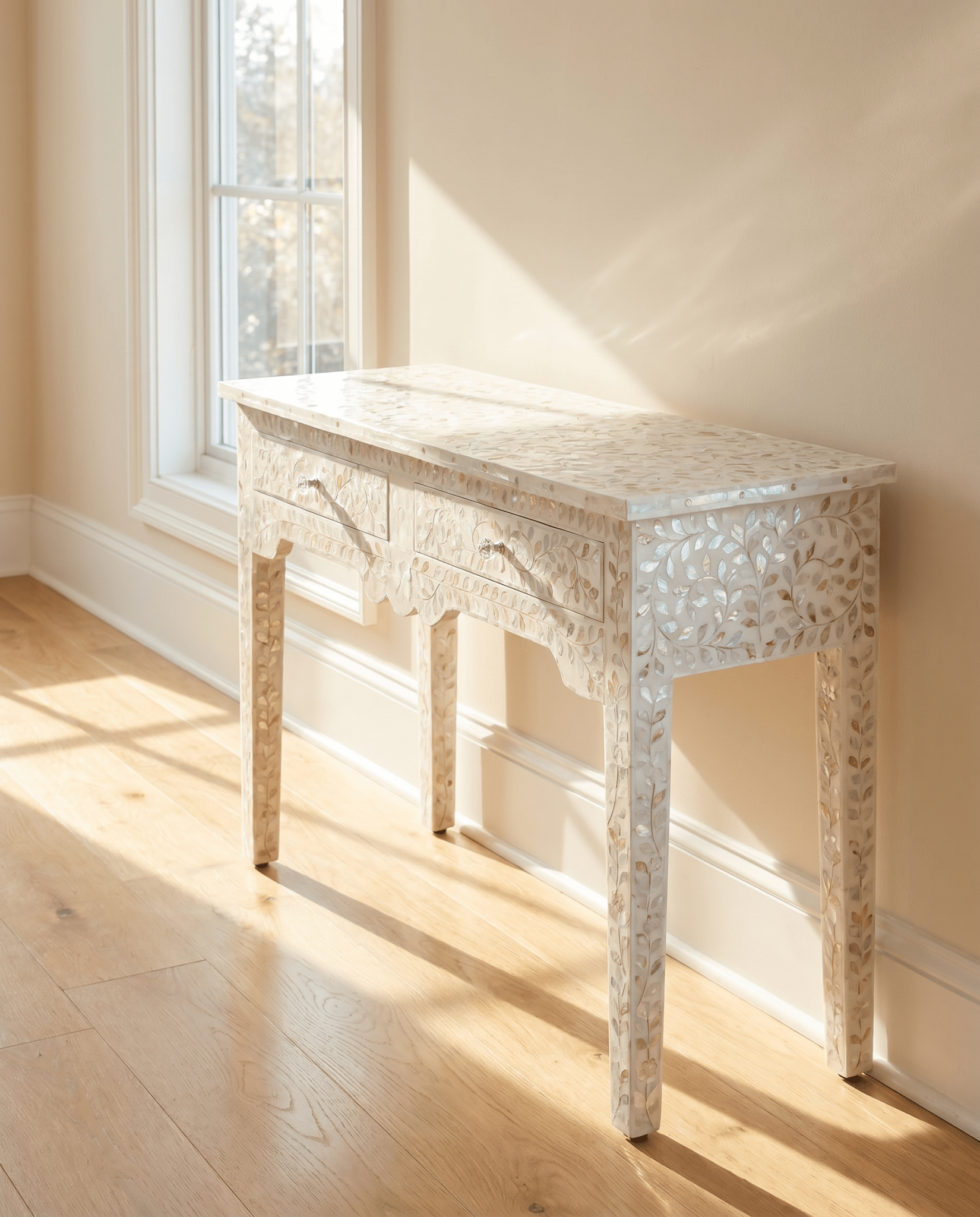 OCEAN-WHITE MOTHER OF PEARL TWO DRAWER CONSOLE TABLE - Art and craft furniture