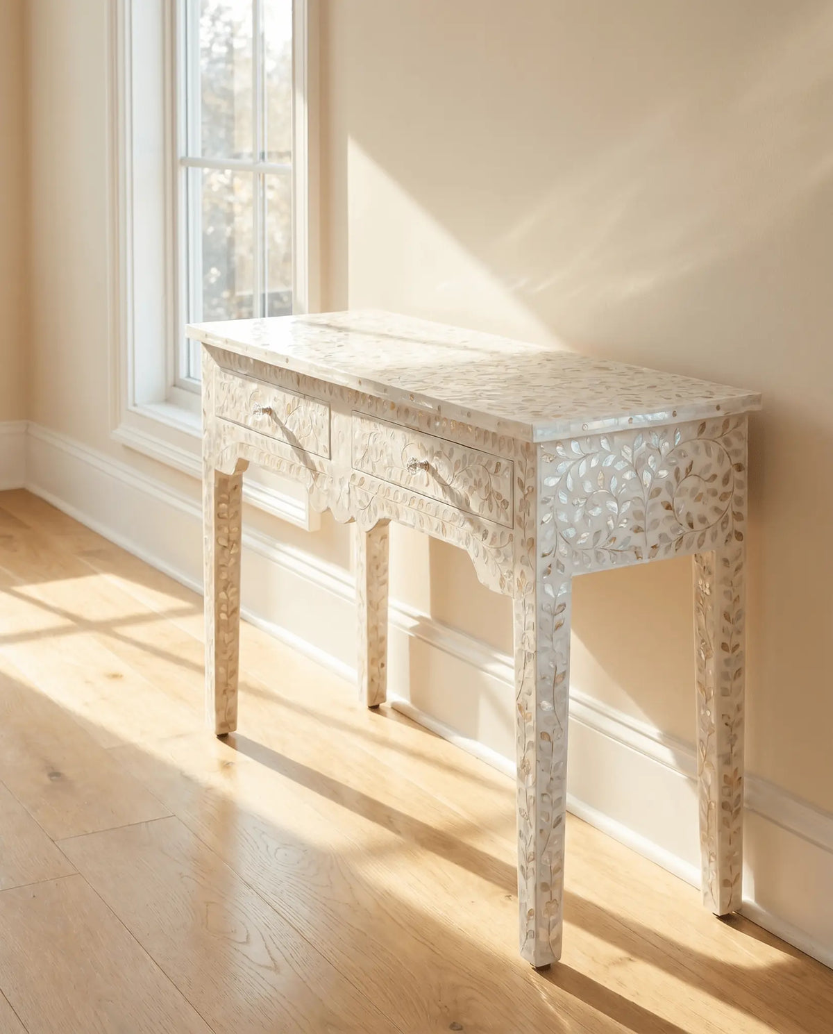 Ocean White Mother Of Pearl Two Drawer Console Table - Art and craft furniture