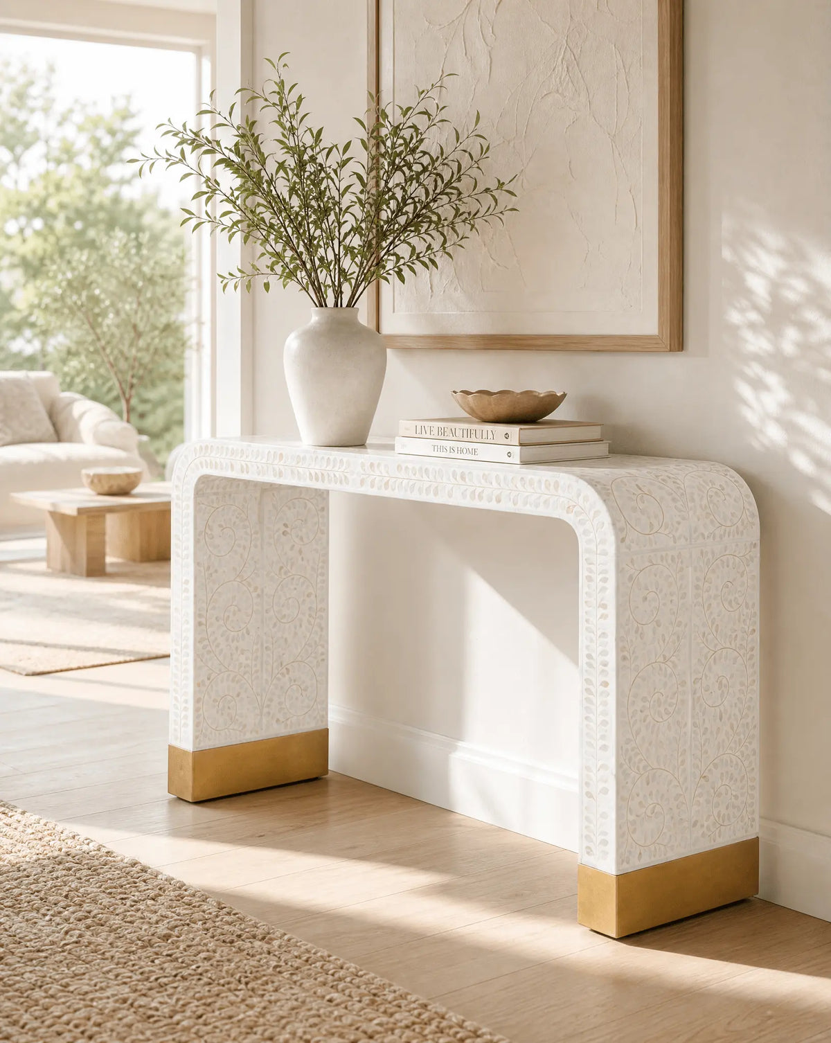 Ocean White Mother Of Pearl U Shape Console Table - Art and craft furniture