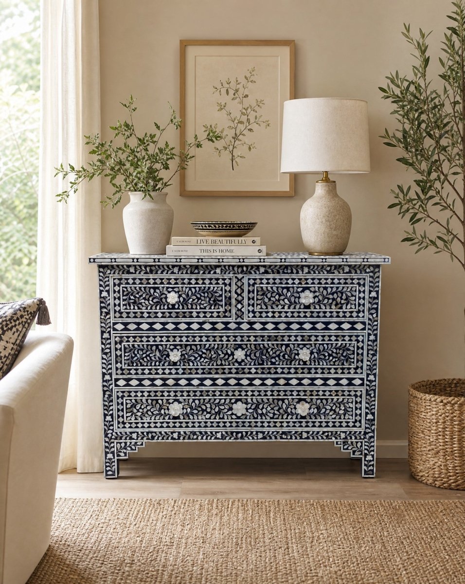 Oceanic Blue Mother Of Pearl Chest of Drawer - Art and craft furniture