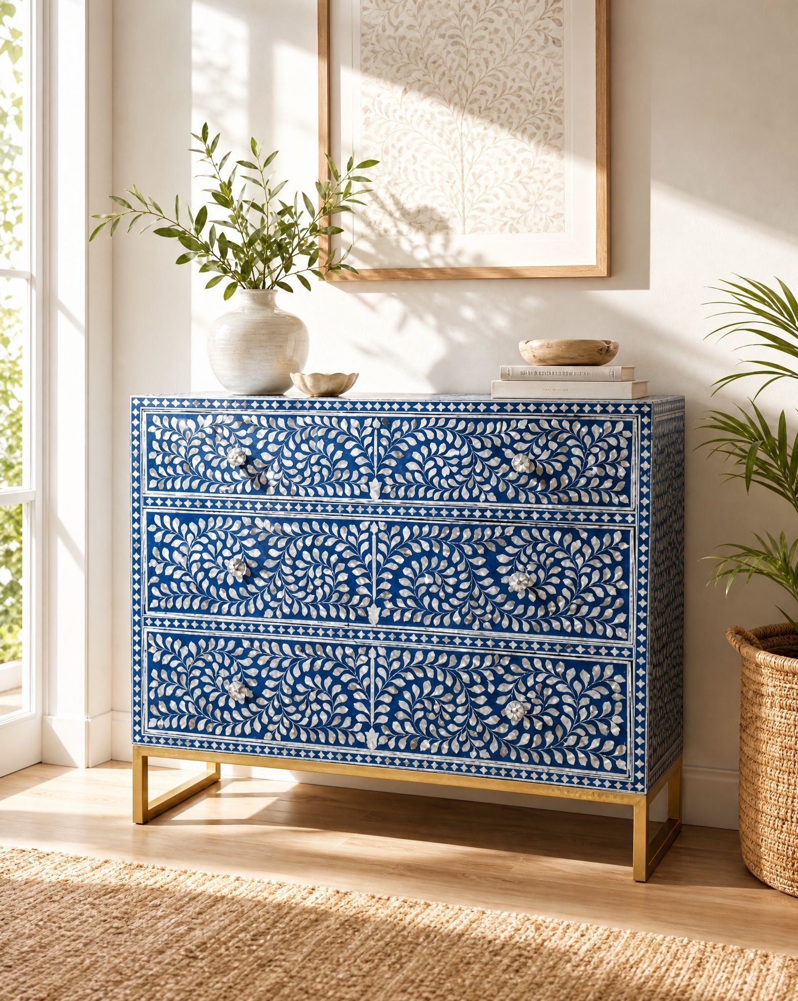 OCEANIC-BLUE MOTHER OF PEARL THREE DRAWER CHEST OF DRAWER - Art and craft furniture