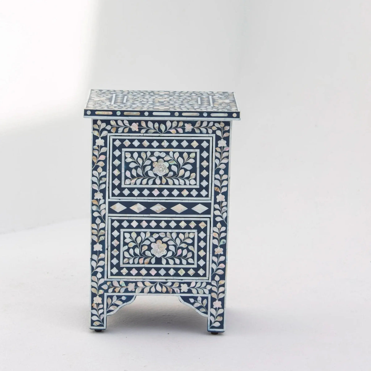 Oceanic Blue Mother Of Peral Two Drawer Bedside Table - Art and craft furniture