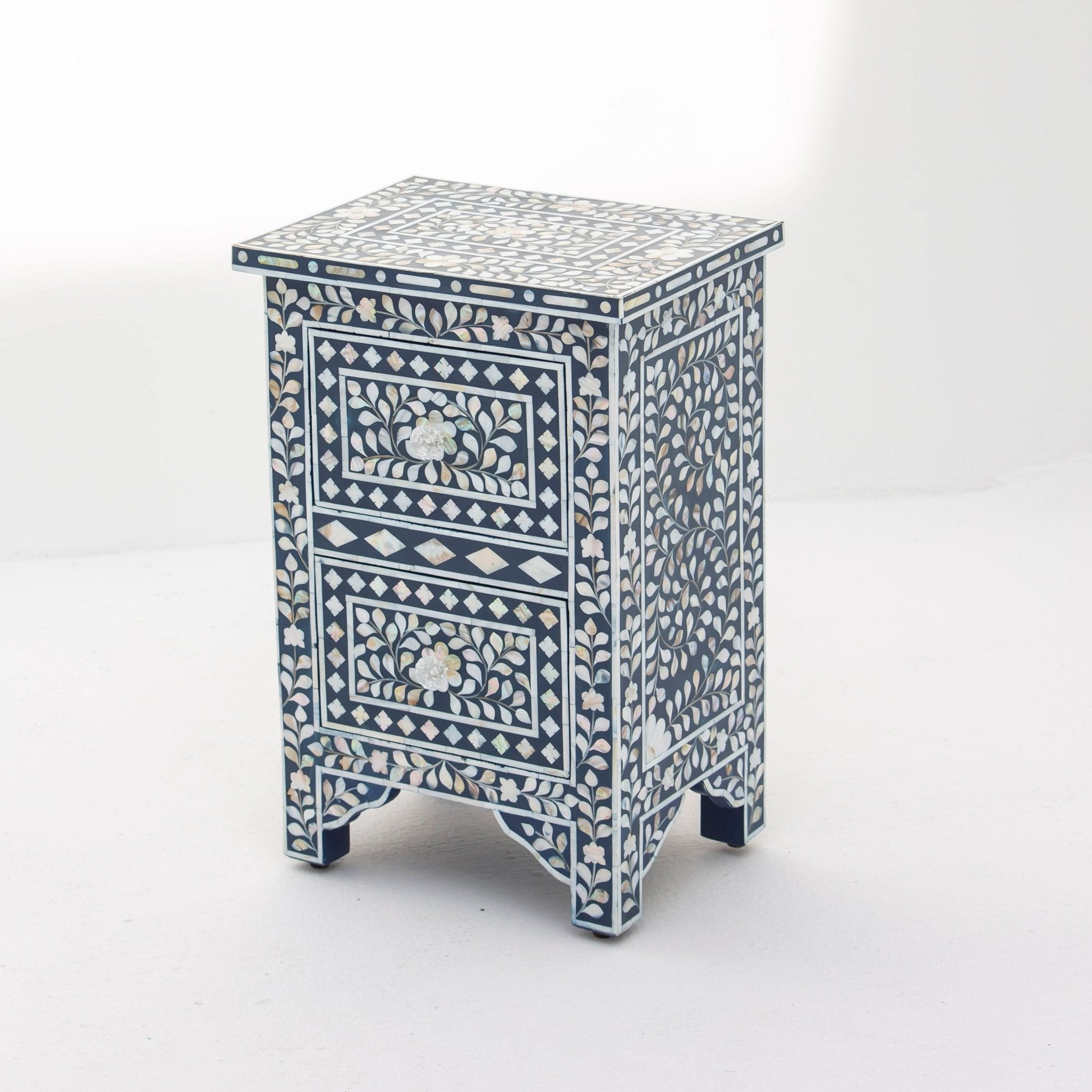 OCEANIC-BLUE MOTHER OF PEARL TWO DRAWER BEDSIDE TABLE - Art and craft furniture