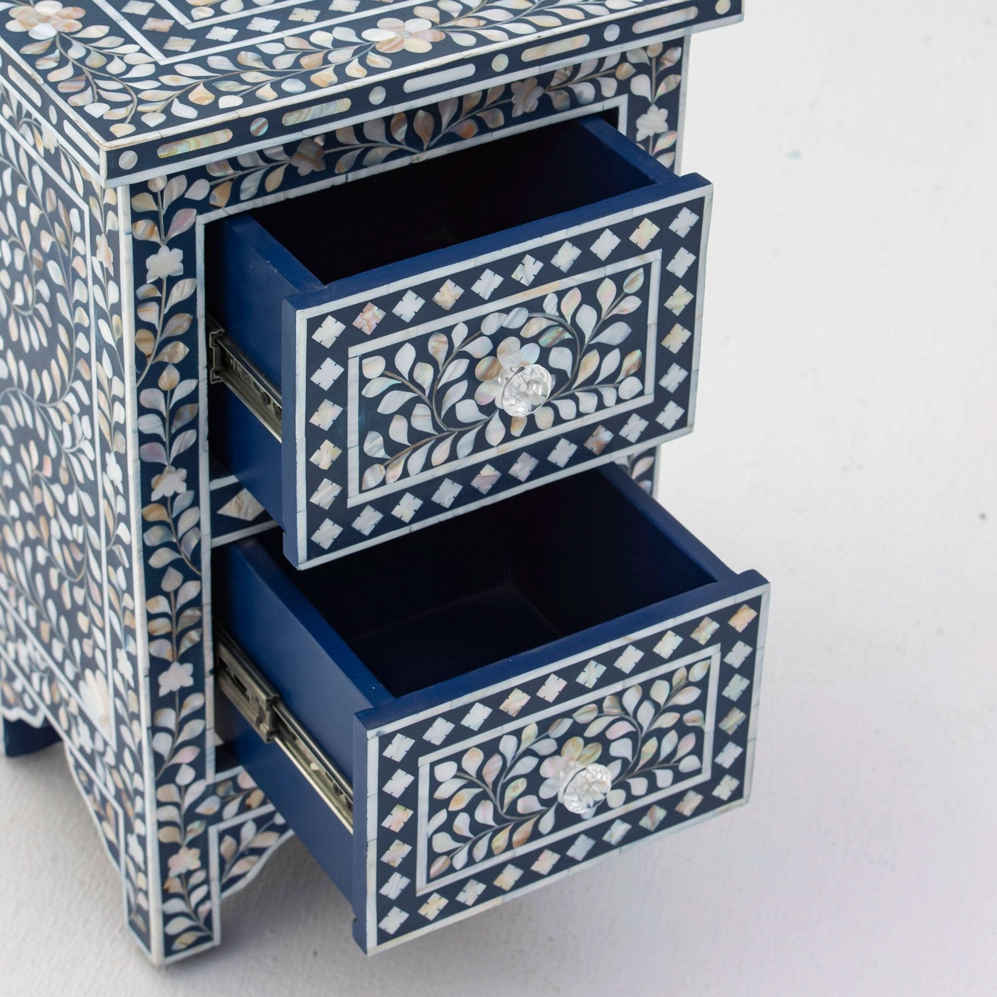 OCEANIC-BLUE MOTHER OF PEARL TWO DRAWER BEDSIDE TABLE - Art and craft furniture