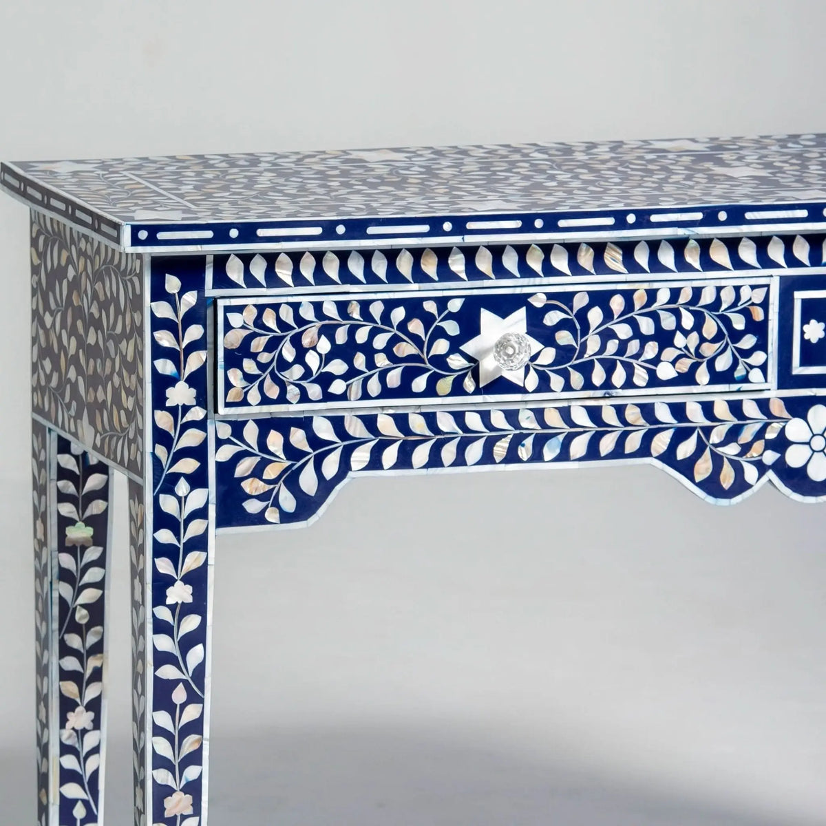 Oceanic Blue Mother Of Pearl Two Drawer Console Table - Art and craft furniture