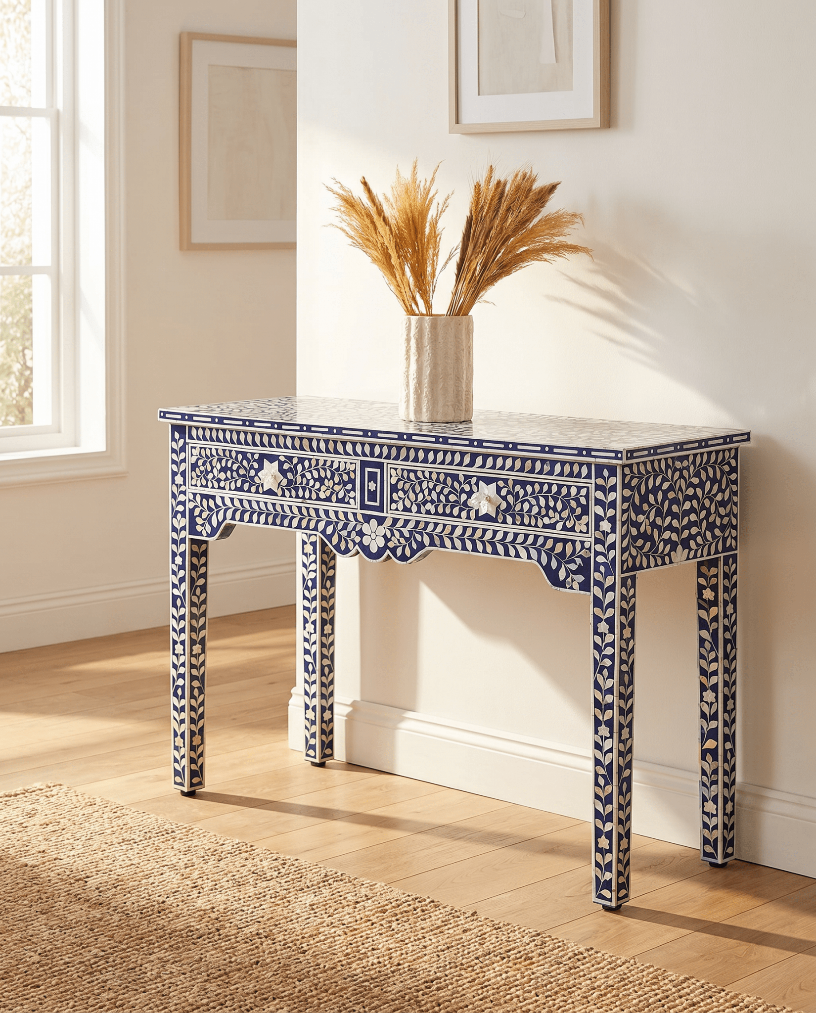 OCEANIC-BLUE MOTHER OF PEARL TWO DRAWER CONSOLE TABLE - Art and craft furniture