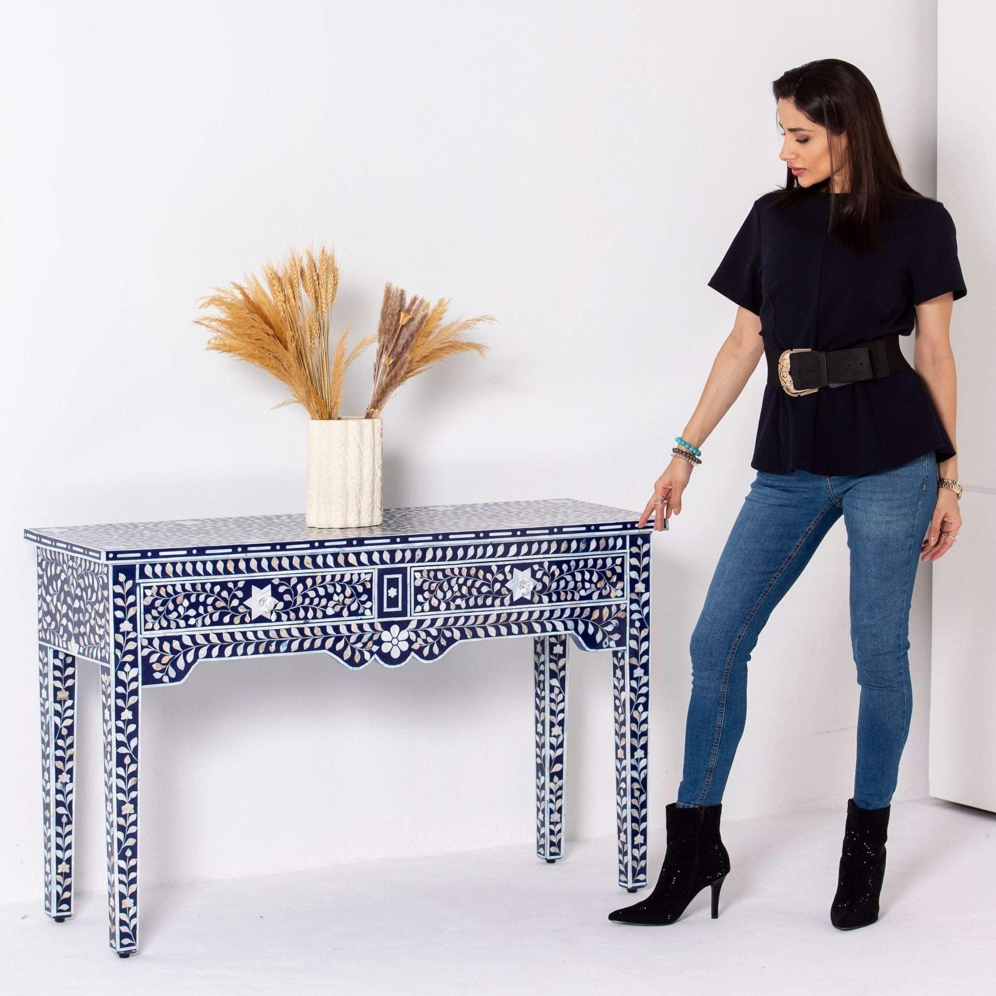 OCEANIC-BLUE MOTHER OF PEARL TWO DRAWER CONSOLE TABLE - Art and craft furniture