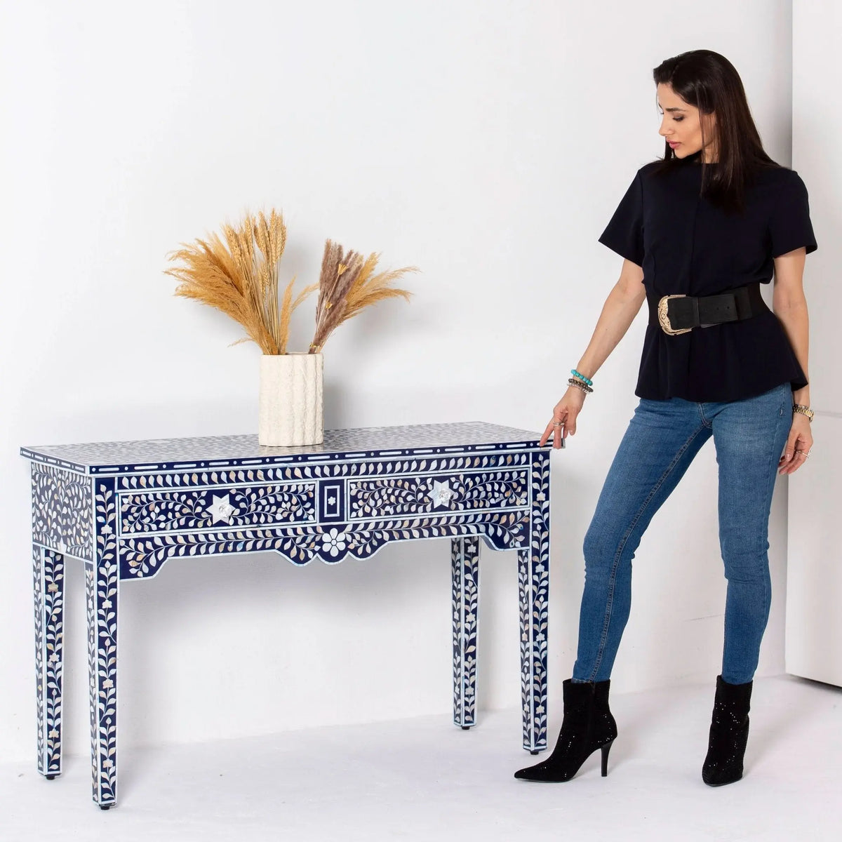 Oceanic Blue Mother Of Pearl Two Drawer Console Table - Art and craft furniture