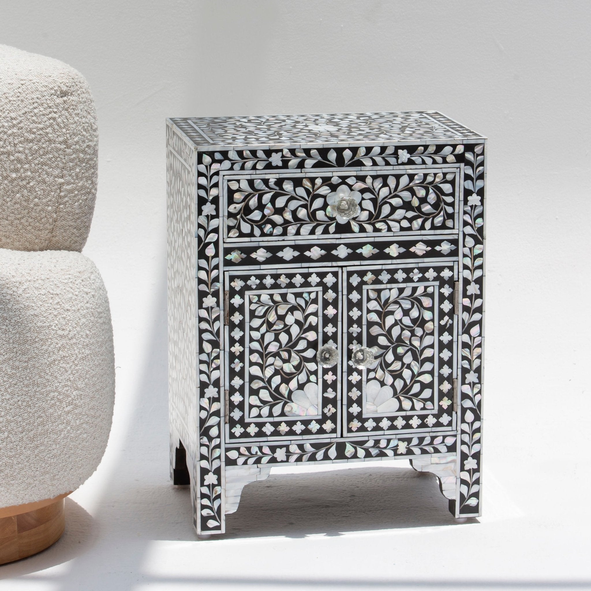 ORBIT-BLACK MOTHER OF PEARL ONE DRAWER TWO DOOR BEDSIDE TABLE - Art and craft furniture