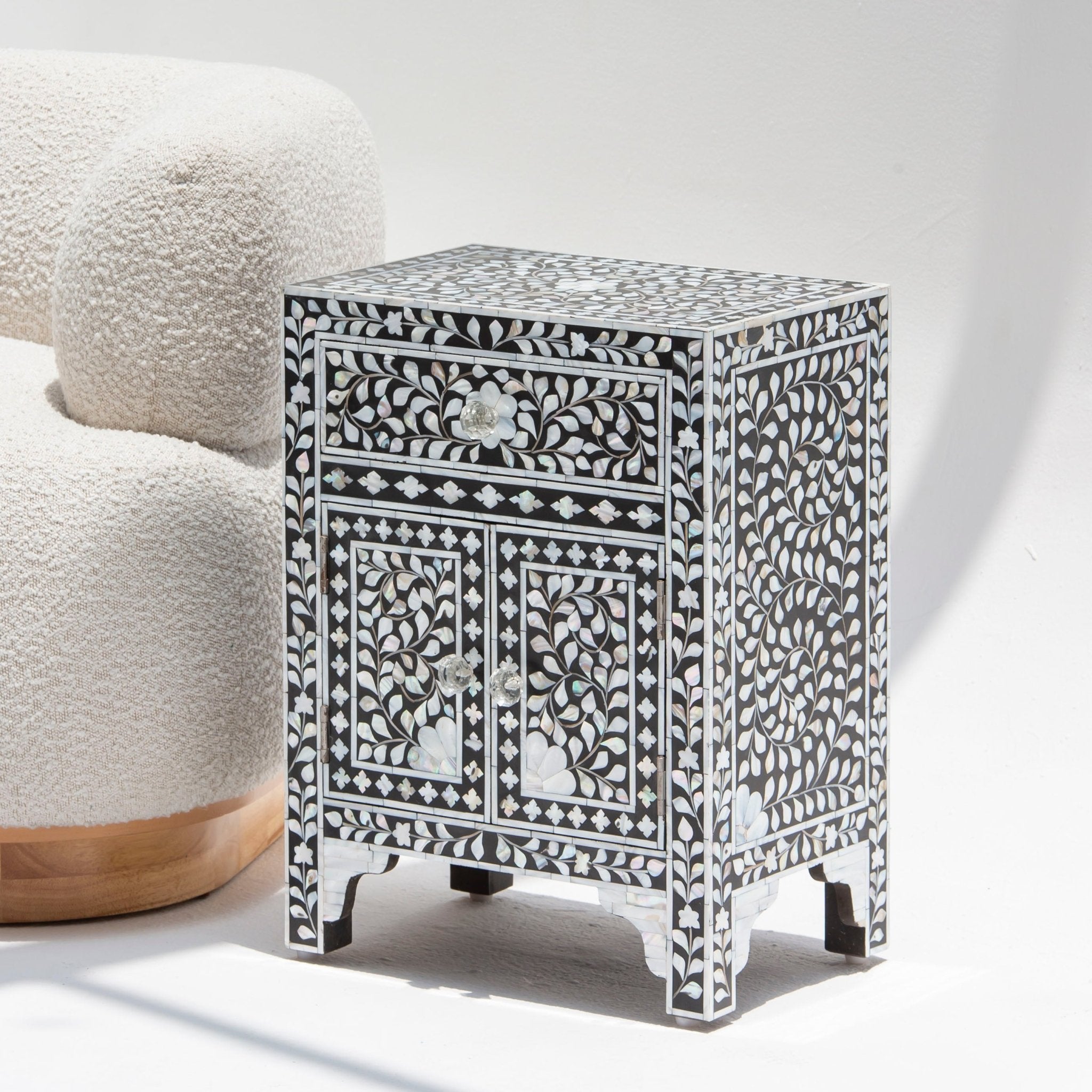 ORBIT-BLACK MOTHER OF PEARL ONE DRAWER TWO DOOR BEDSIDE TABLE - Art and craft furniture