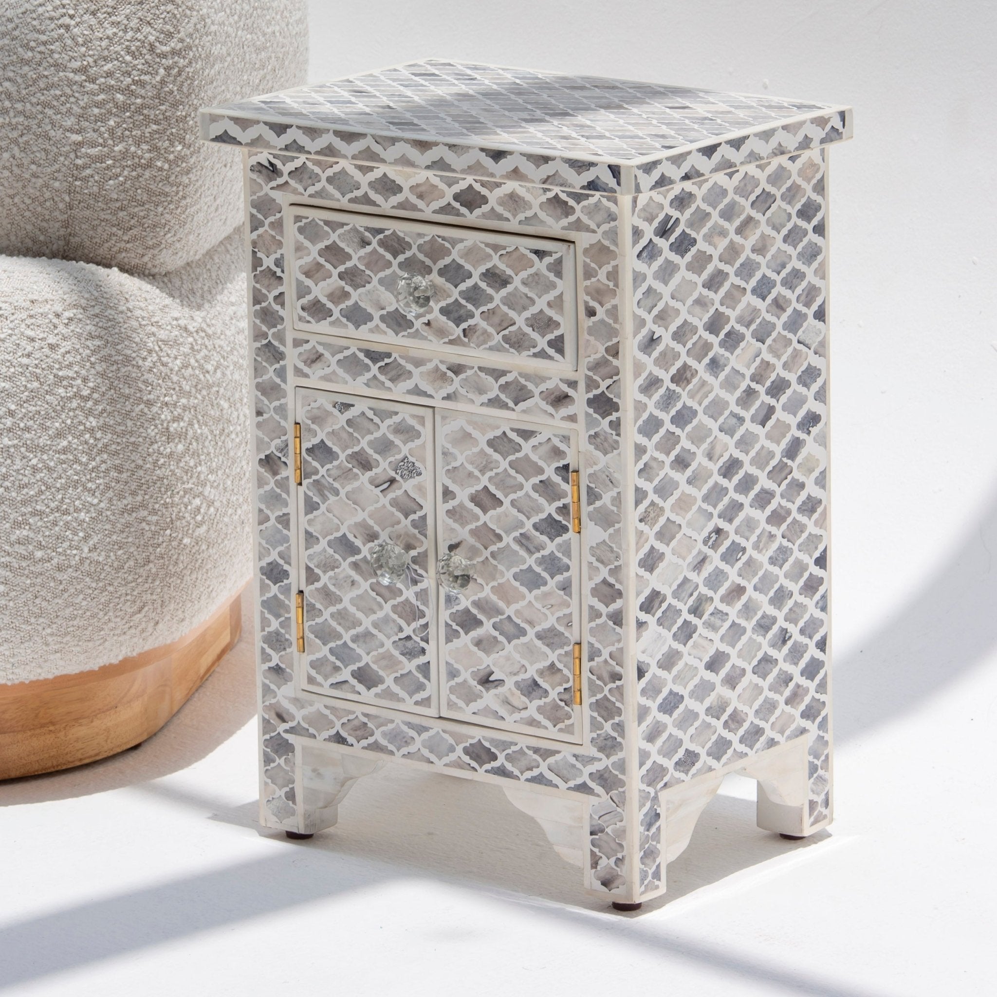 ORBIT INLAY ONE DRAWER TWO DOOR BEDSIDE TABLE - Art and craft furniture