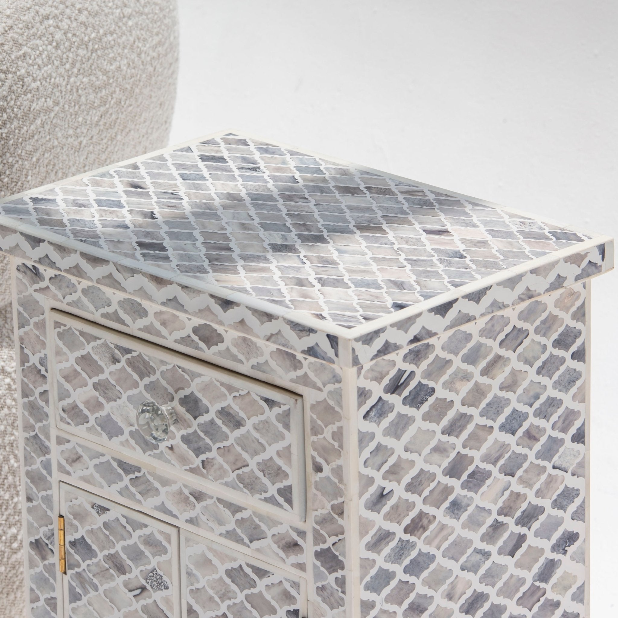 ORBIT INLAY ONE DRAWER TWO DOOR BEDSIDE TABLE - Art and craft furniture