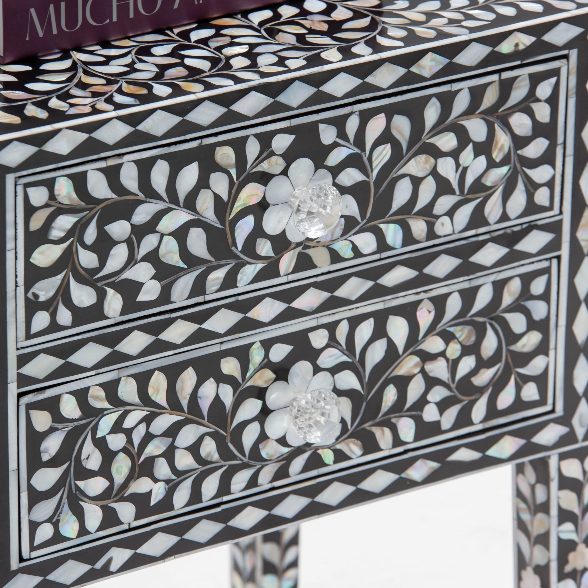 ORNATE-BLACK MOTHER OF PEARL TWO DRAWER BEDSIDE TABLE - Art and craft furniture