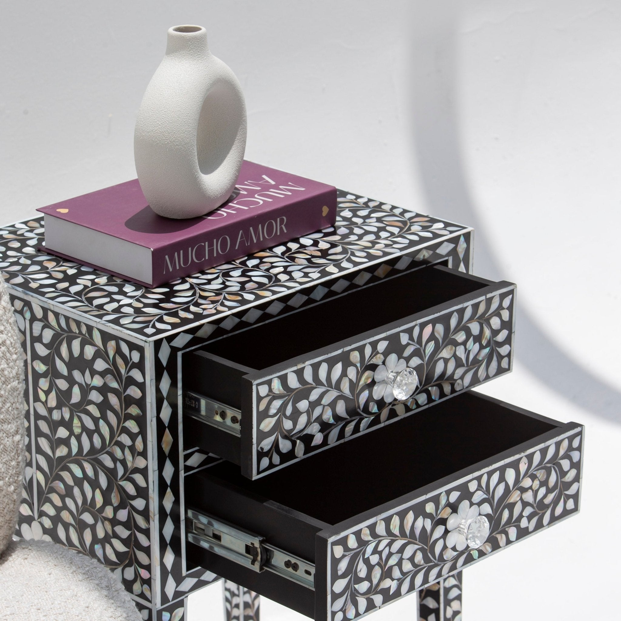 ORNATE-BLACK MOTHER OF PEARL TWO DRAWER BEDSIDE TABLE - Art and craft furniture