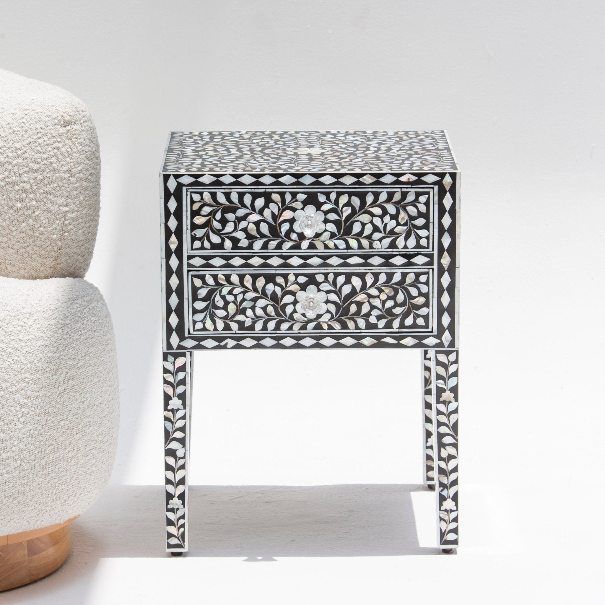ORNATE-BLACK MOTHER OF PEARL TWO DRAWER BEDSIDE TABLE - Art and craft furniture