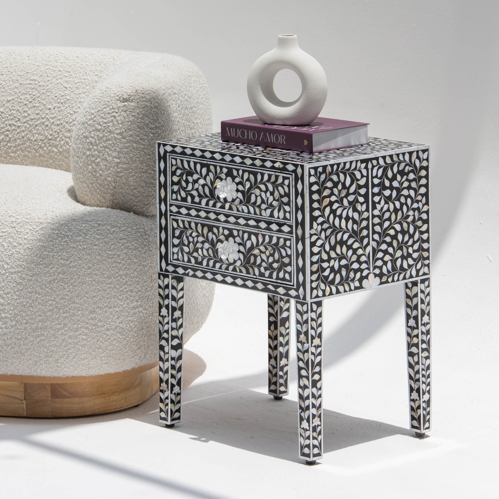 ORNATE-BLACK MOTHER OF PEARL TWO DRAWER BEDSIDE TABLE - Art and craft furniture