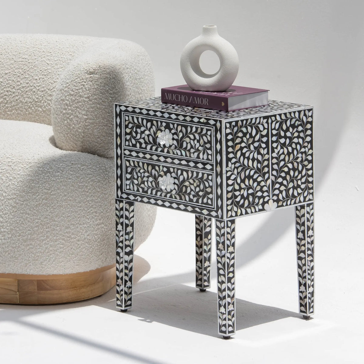 Ornate Black Mother Of Table Two Drawer Bedside Table - Art and craft furniture