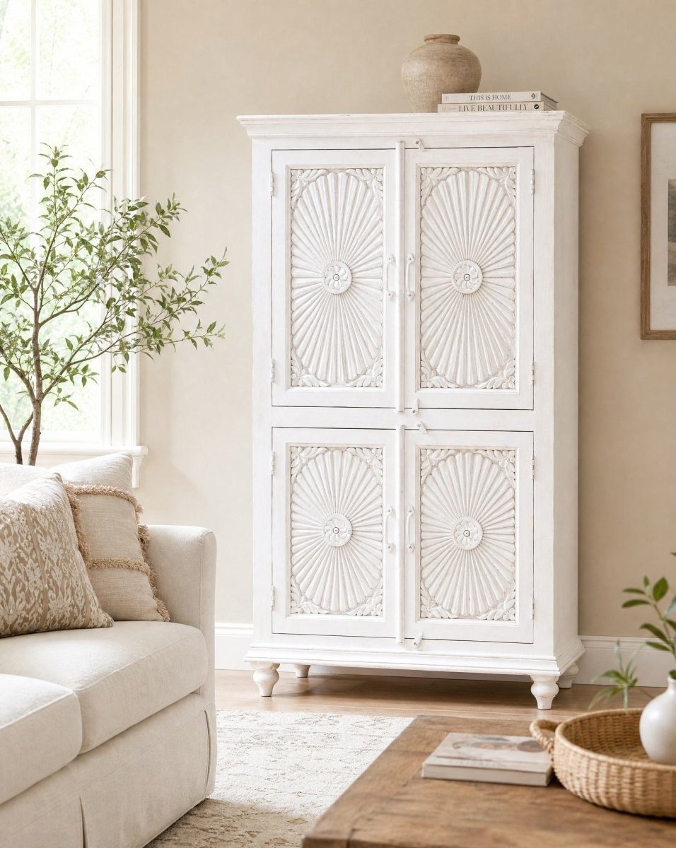 Ornate White Two Door Cabinet - Art and craft furniture