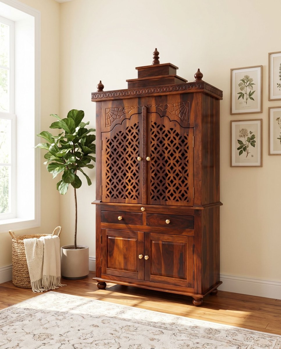 Sheesham Wood 4 Door 2 Drawer Temple - Art and craft furniture