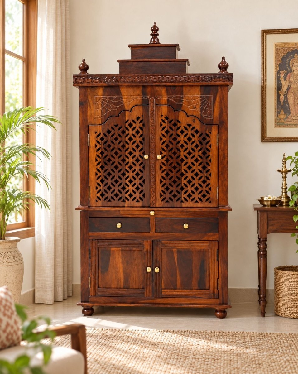 Sheesham Wood 4 Door 2 Drawer Temple - Art and craft furniture