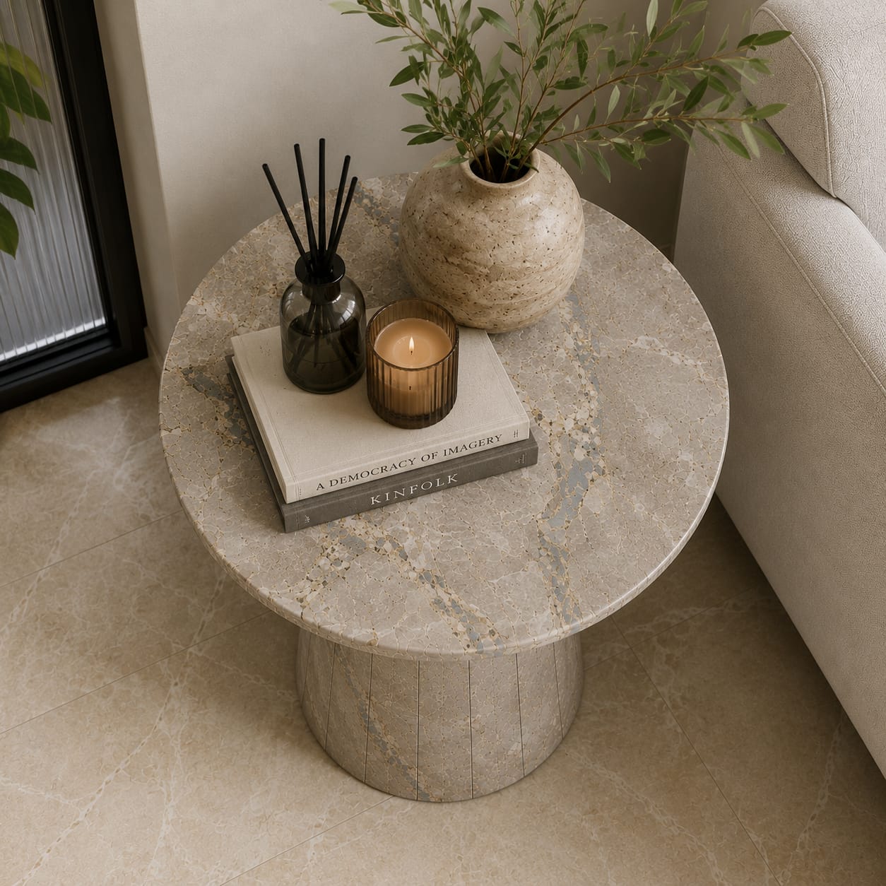 Shera Natural Marble Side Table – Honed Finish - Art and craft furniture