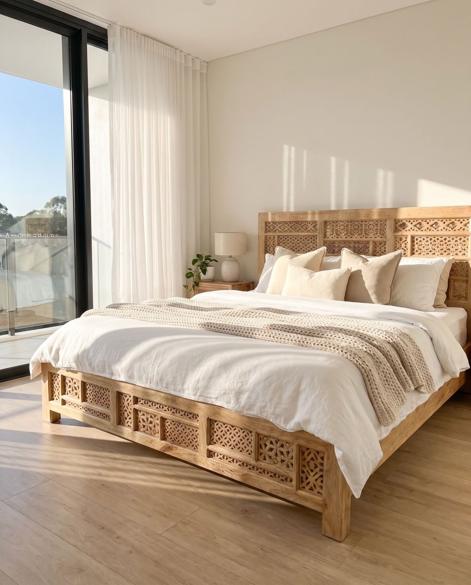 Sierra Mango Wood Carved Bed - Art and craft furniture