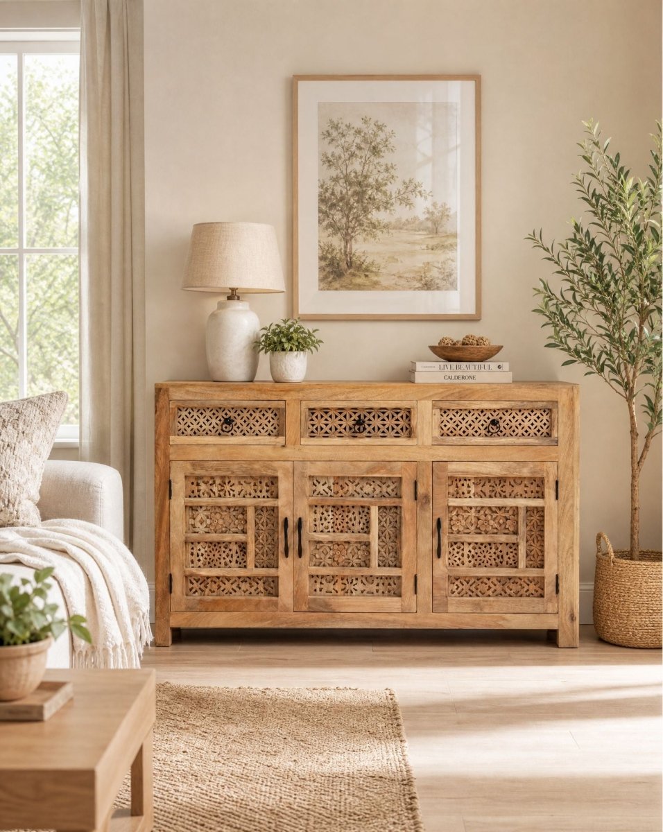 Sierra Three Door Wooden Carving Sideboard - Art and craft furniture