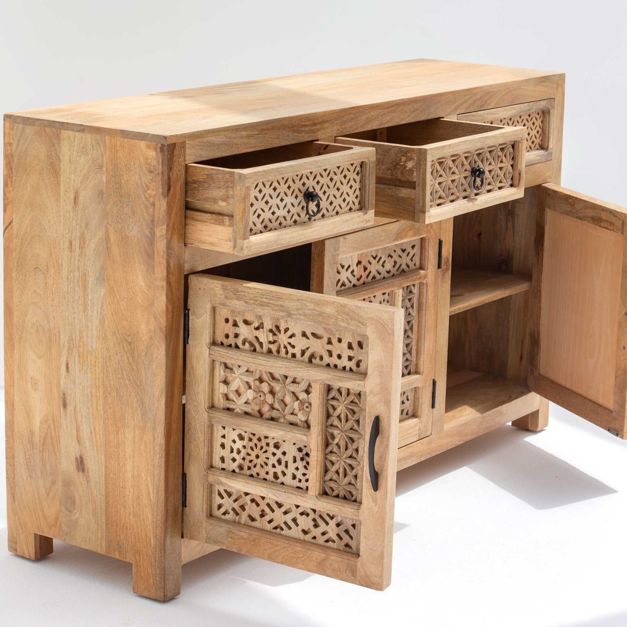 SIERRA WOODEN THREE DOOR THREE DRAWER CARVING SIDEBOARD - Art and craft furniture