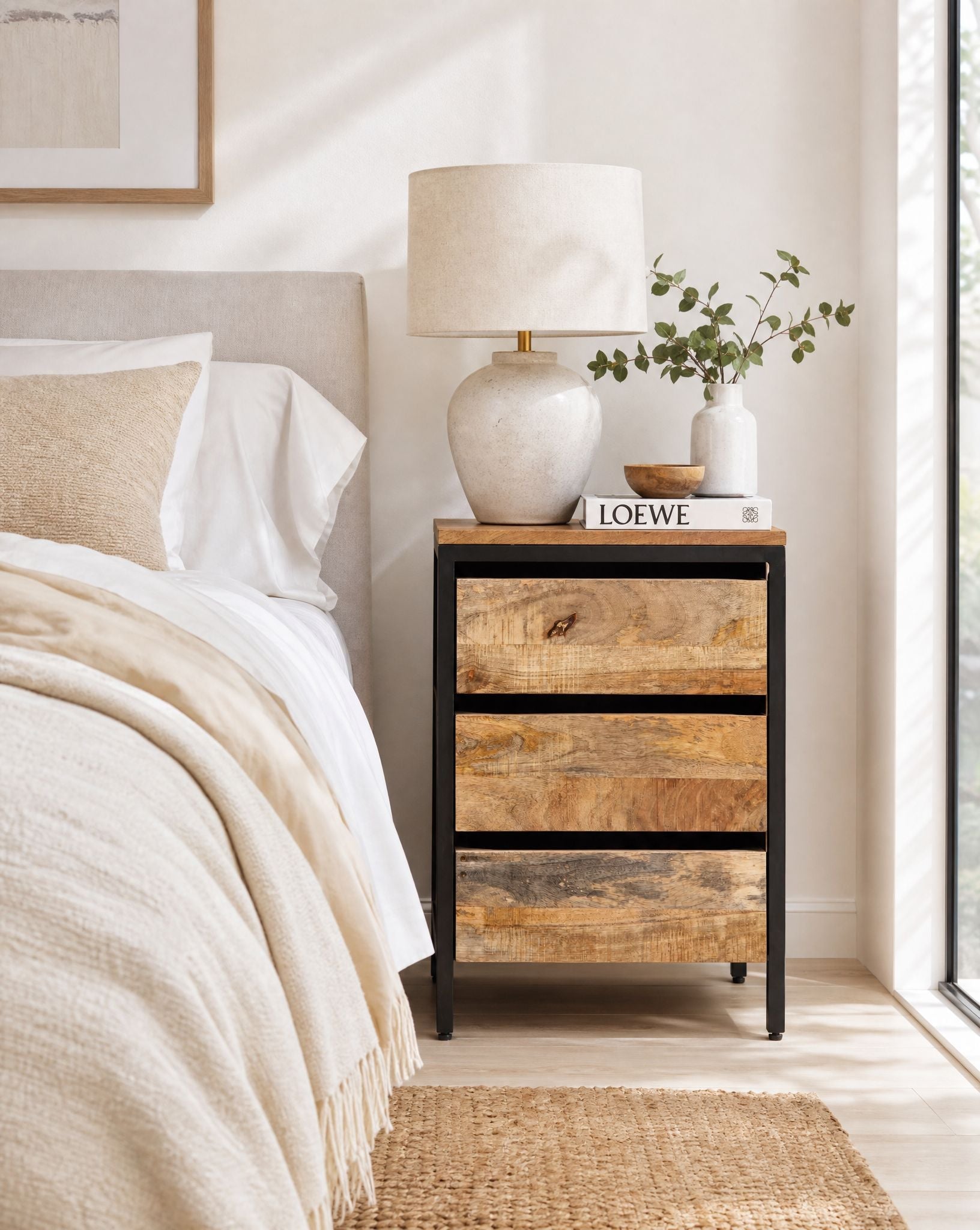 Steel Wood Three Drawer Nightstand Table - Art and craft furniture