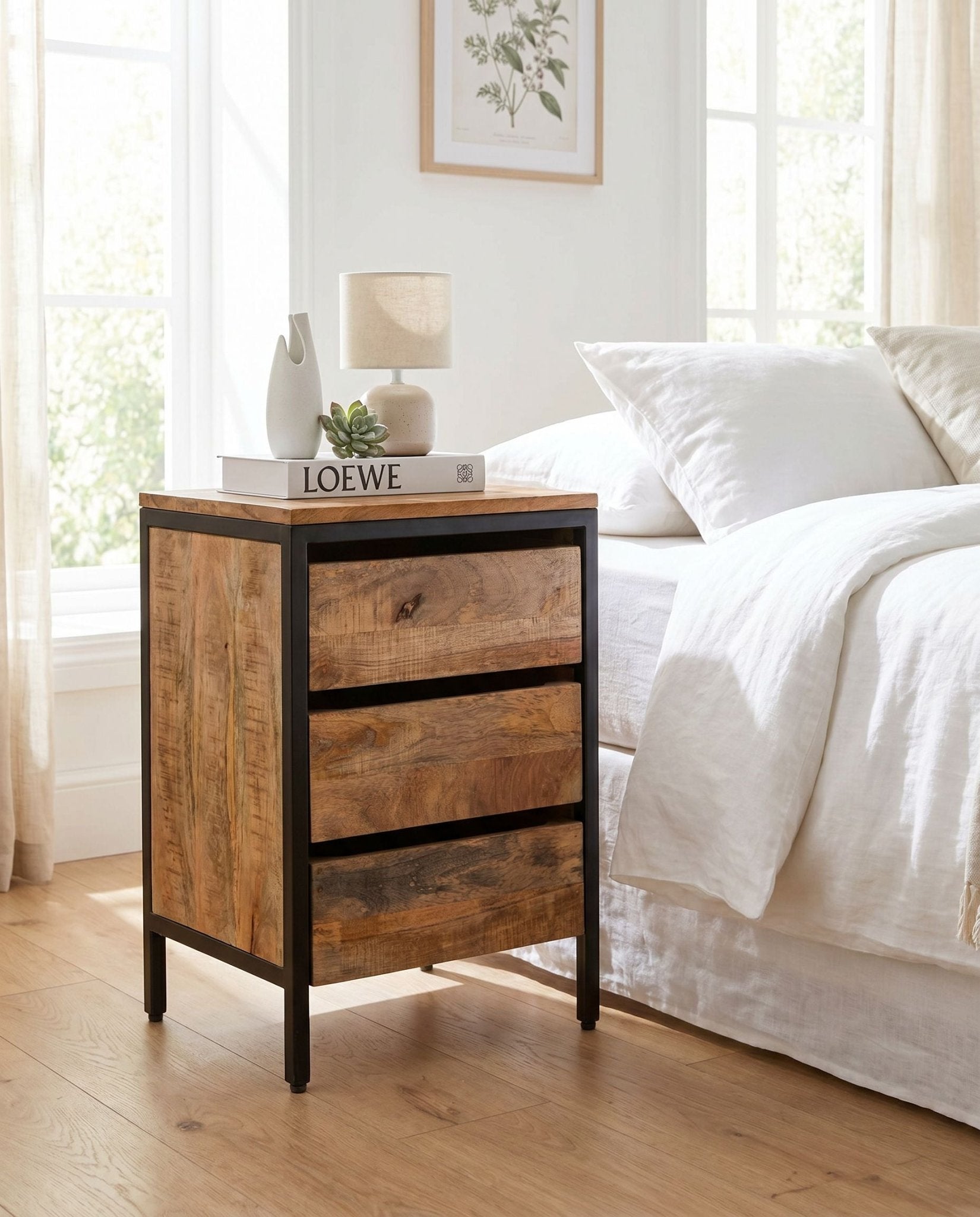 Steel Wood Three Drawer Nightstand Table - Art and craft furniture