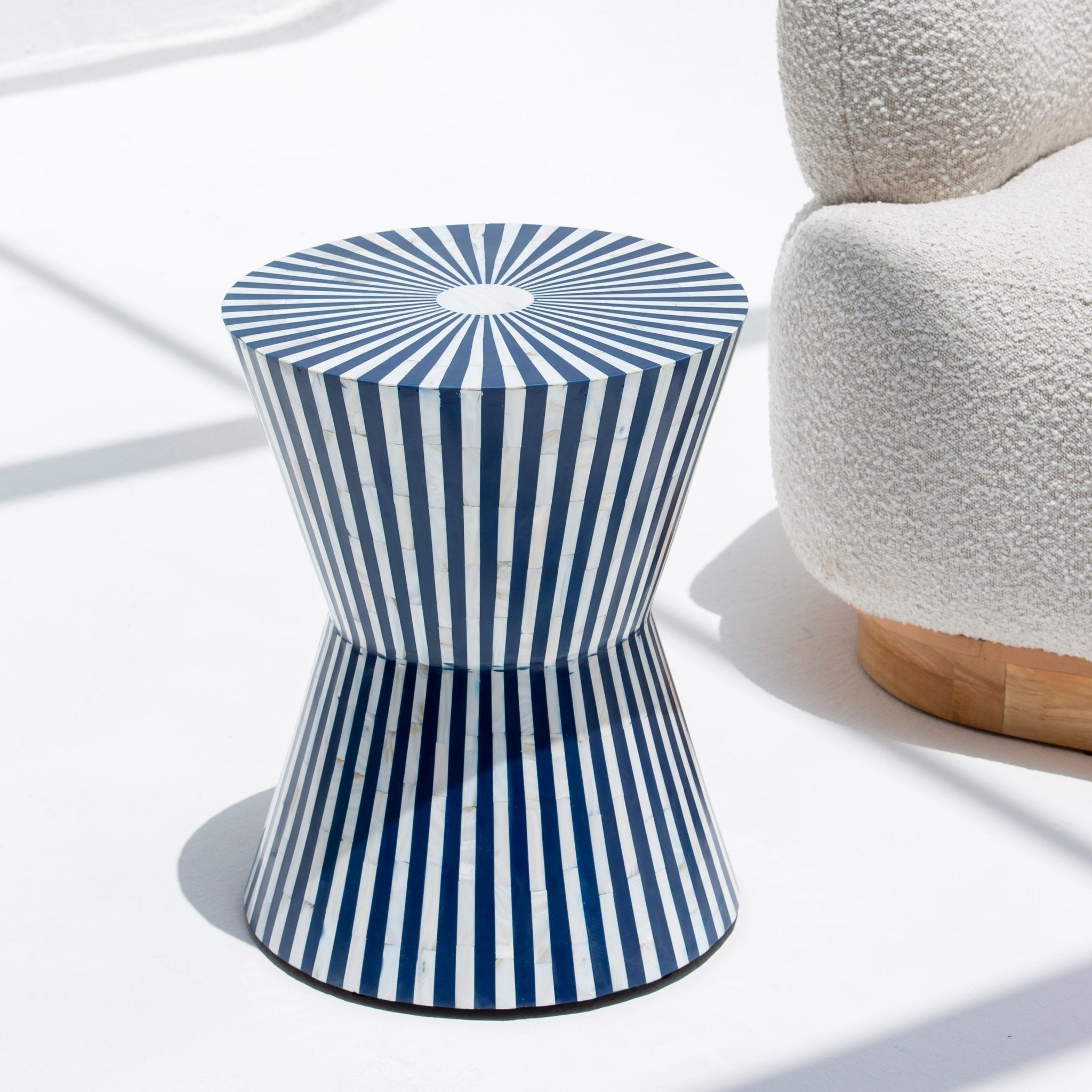 SYMMETRY-BLUE STRIPE MOTHER OF PEARL ROUND STOOL - Art and craft furniture
