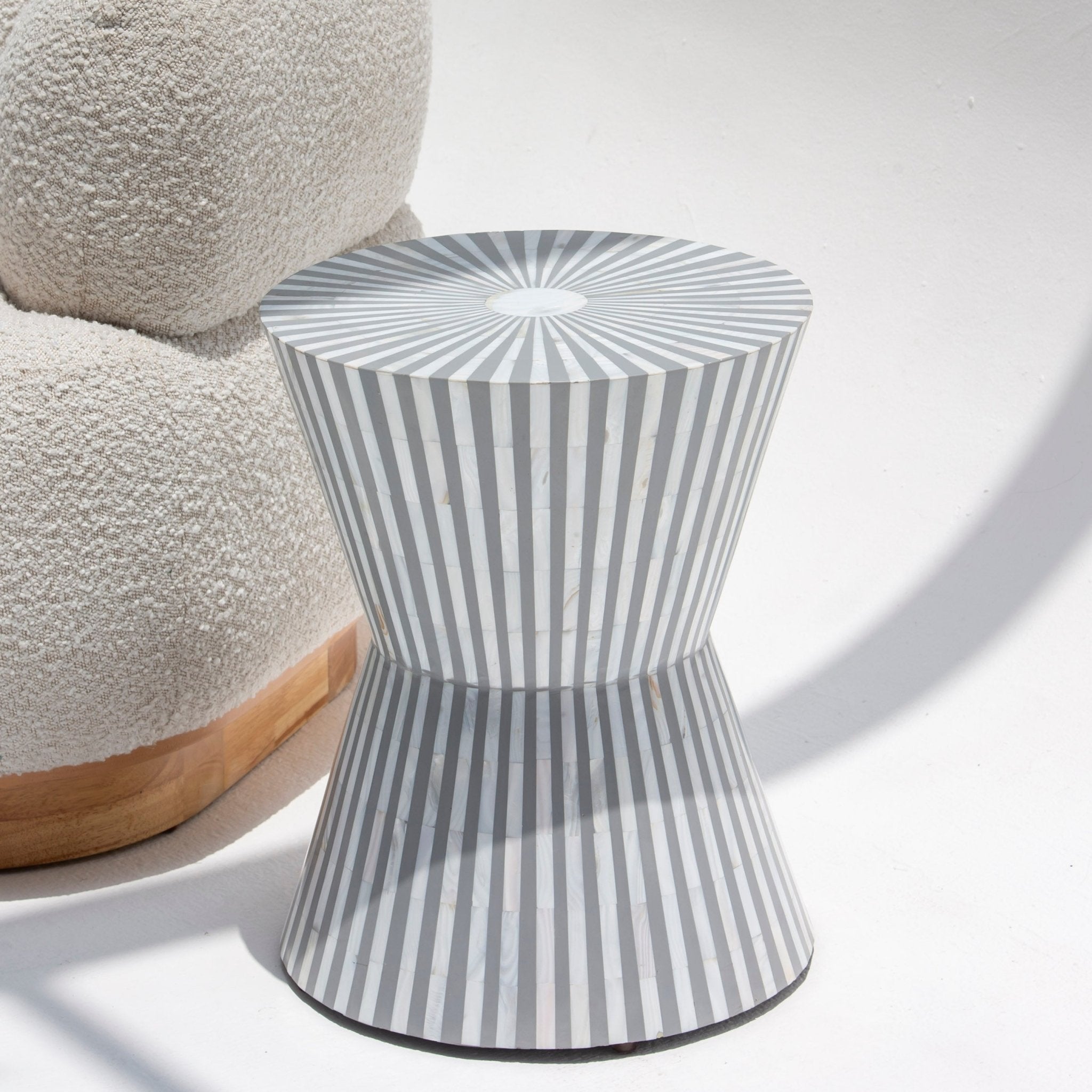 SYMMETRY-GREY STRIPE MOTHER OF PEARL ROUND STOOL - Art and craft furniture