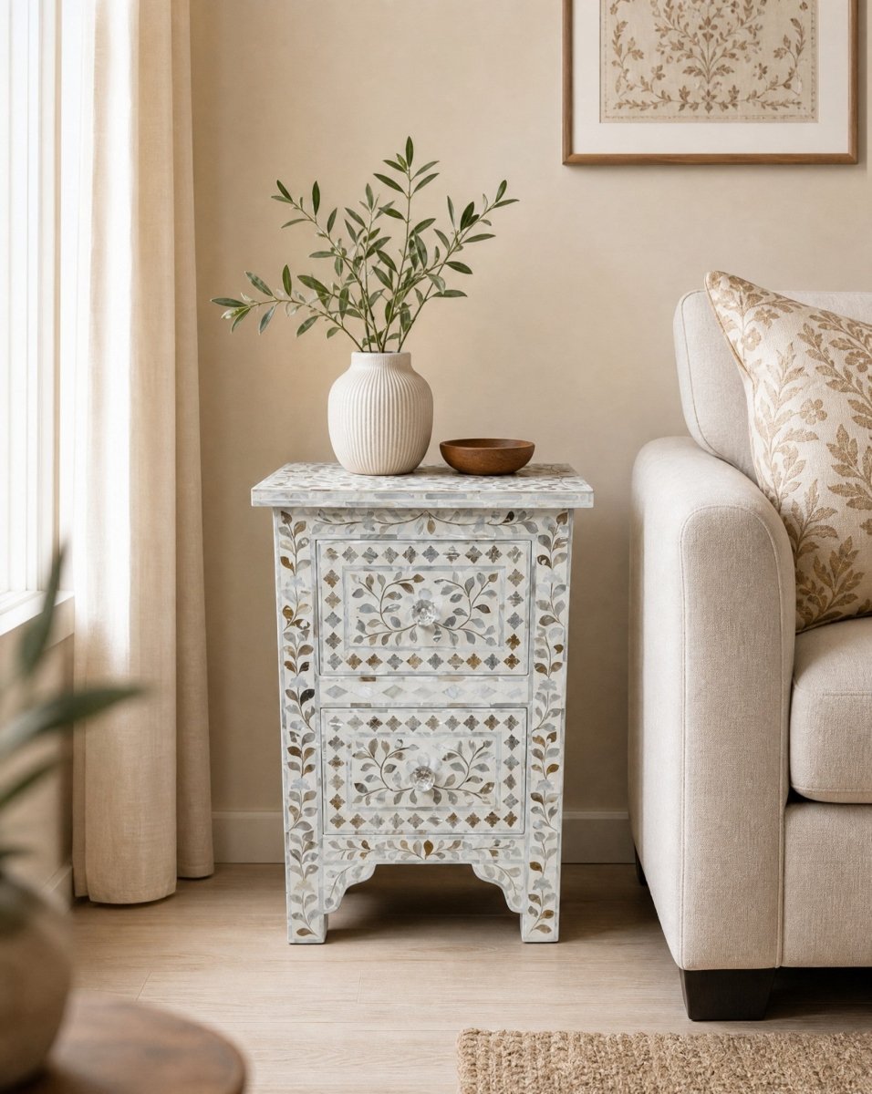 Symmetry White Mother Of Pearl Bedside Table - Art and craft furniture