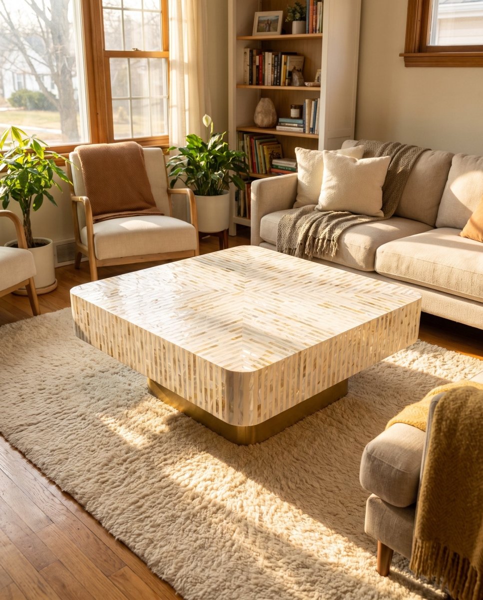 Symmetry-White Stripe Mother of Pearl Coffee Table - Art and craft furniture