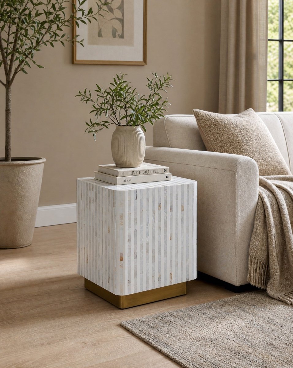 Symmetry White Stripe Mother Of Pearl Side Table - Art and craft furniture