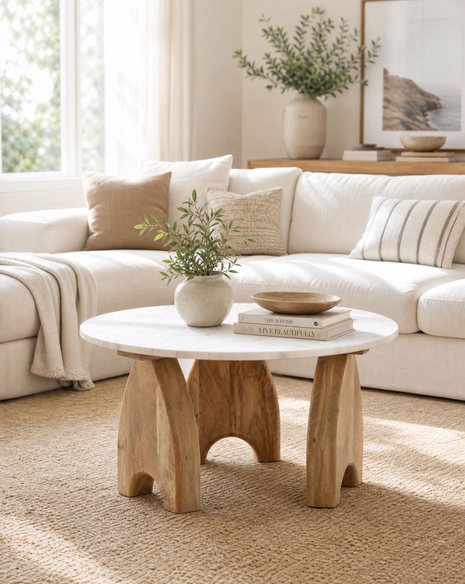 Terraluxe Marble Top Wooden Base Coffee Table - Art and craft furniture