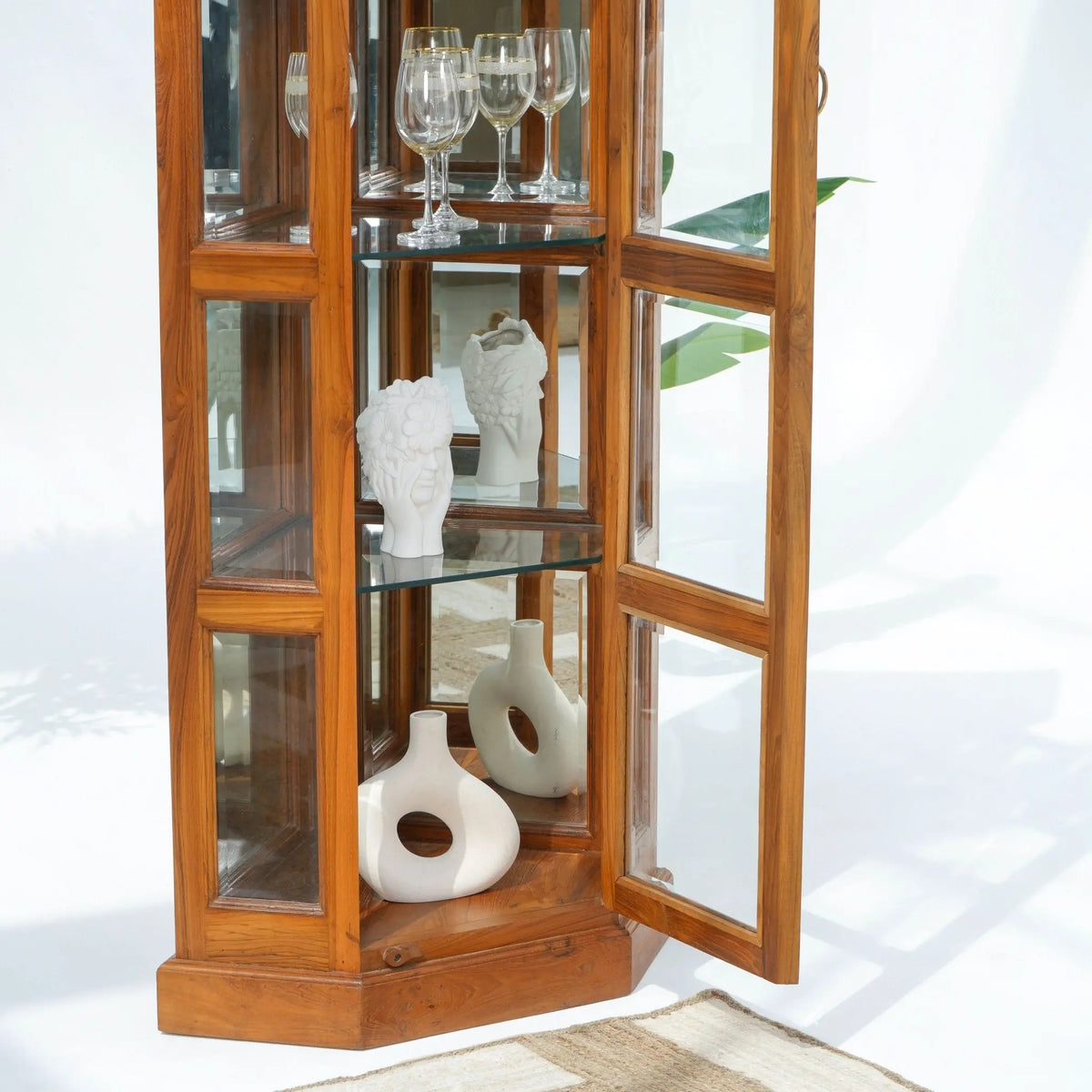 Timeless Teak Wood Glass Door Corner Cabinet - Art and craft furniture