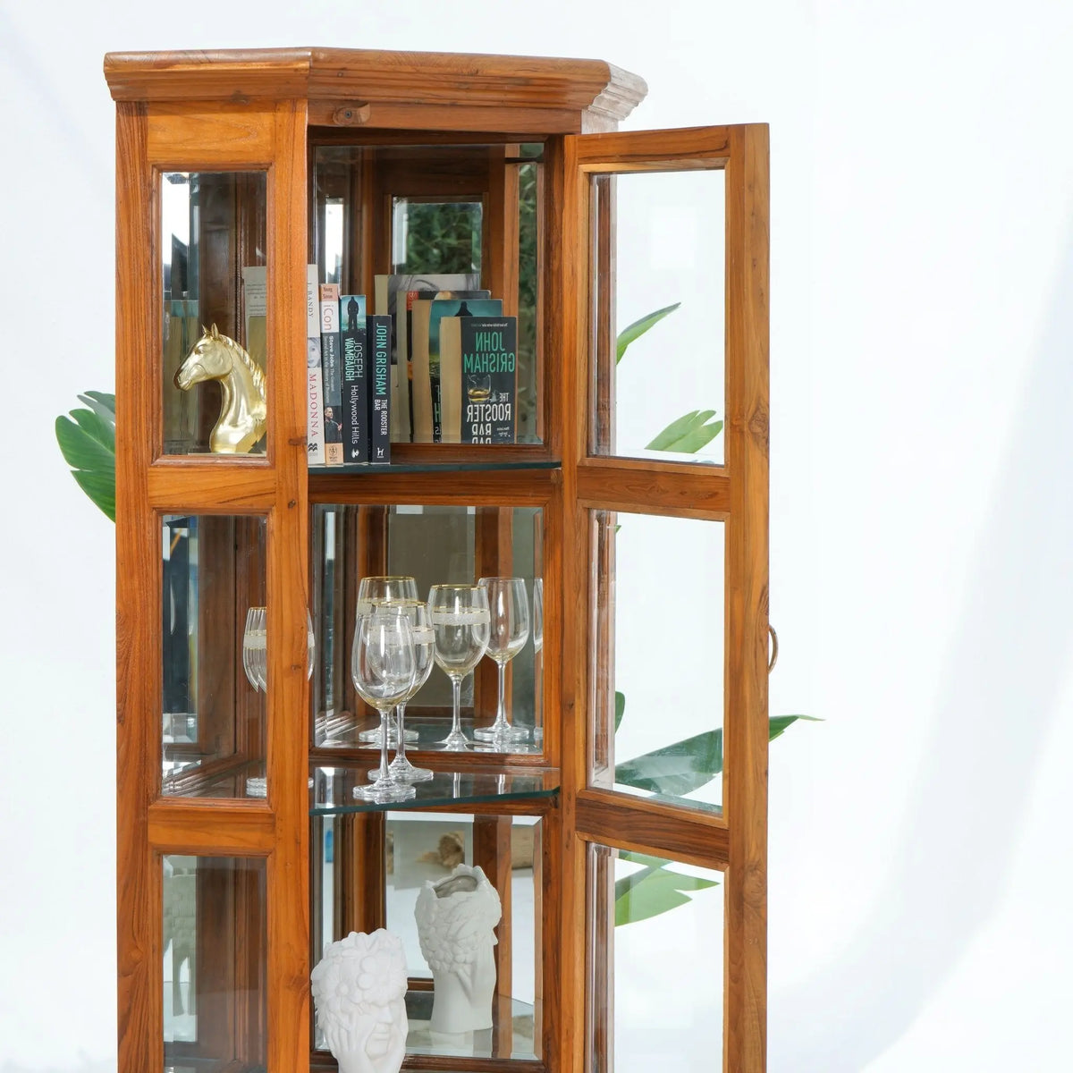 Timeless Teak Wood Glass Door Corner Cabinet - Art and craft furniture
