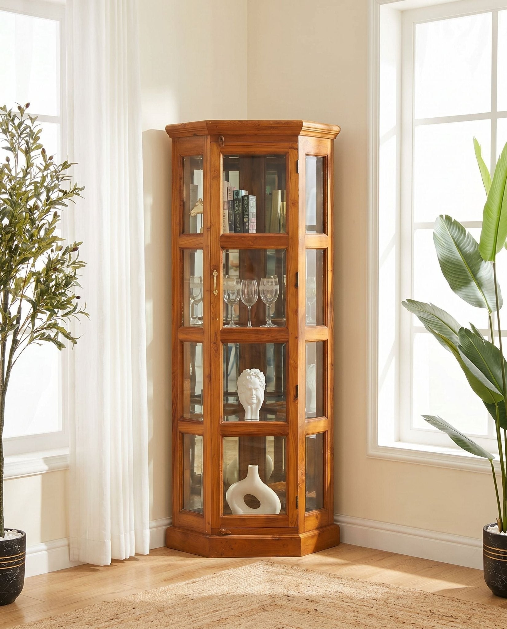Timeless Teak Wood Glass Door Corner Cabinet - Art and craft furniture
