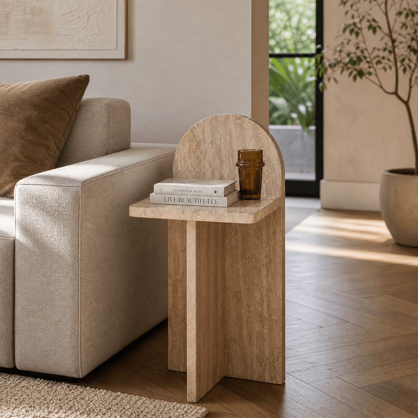 Travertine Beige Marble Side table - Art and craft furniture