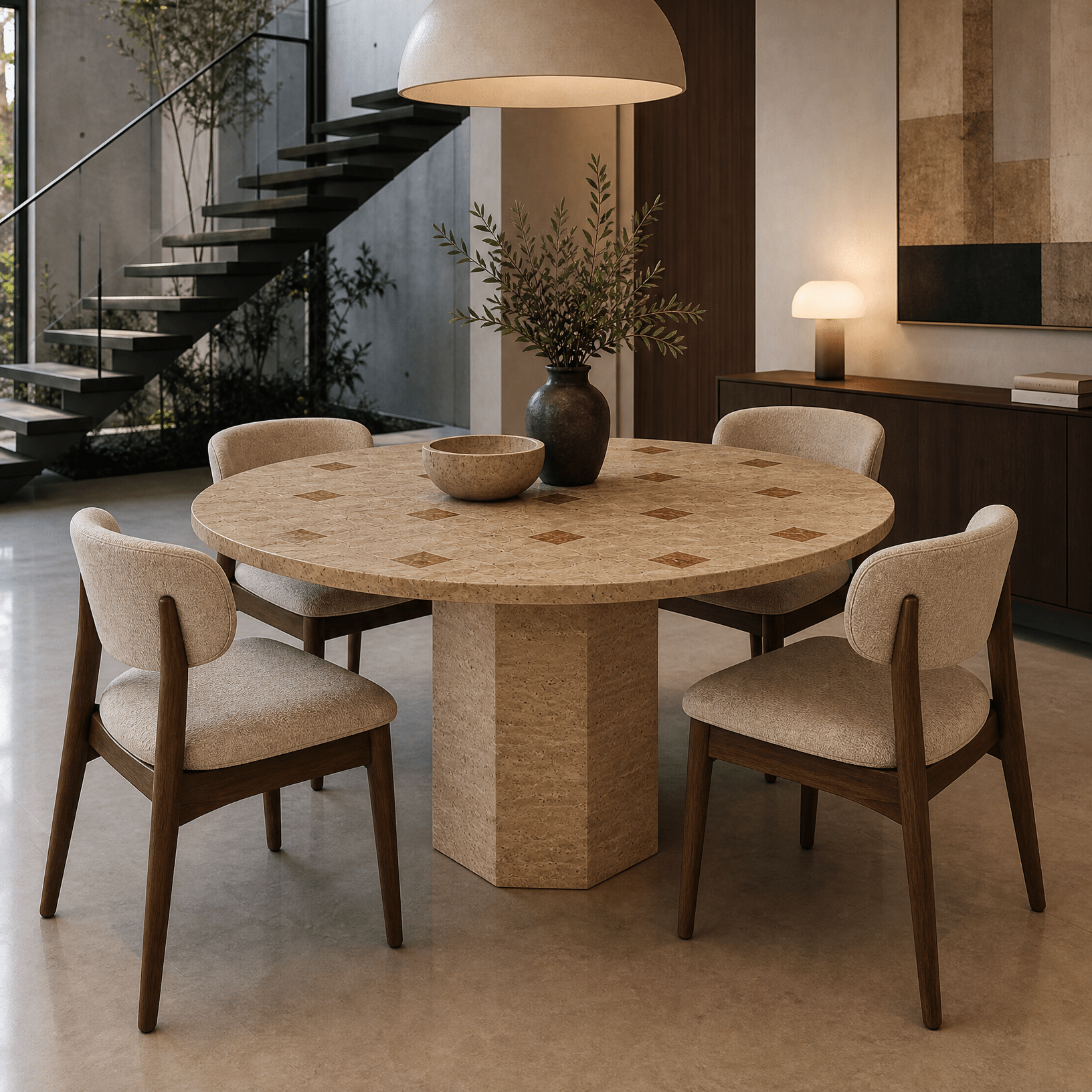 Travertine Dining Table – Hexagonal Base - Art and craft furniture