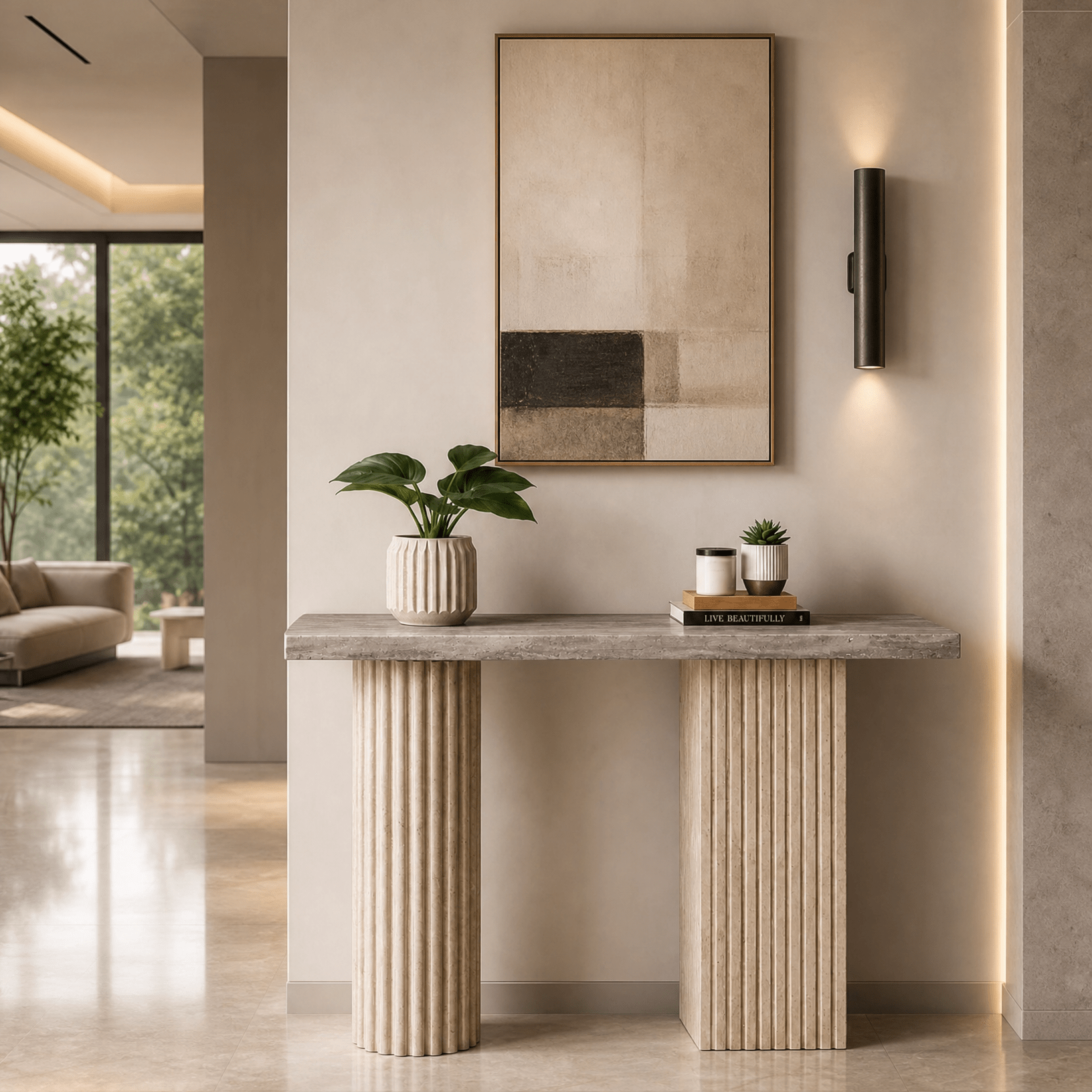 Travertine Entryway Console – Beige & Silver Stone - Art and craft furniture