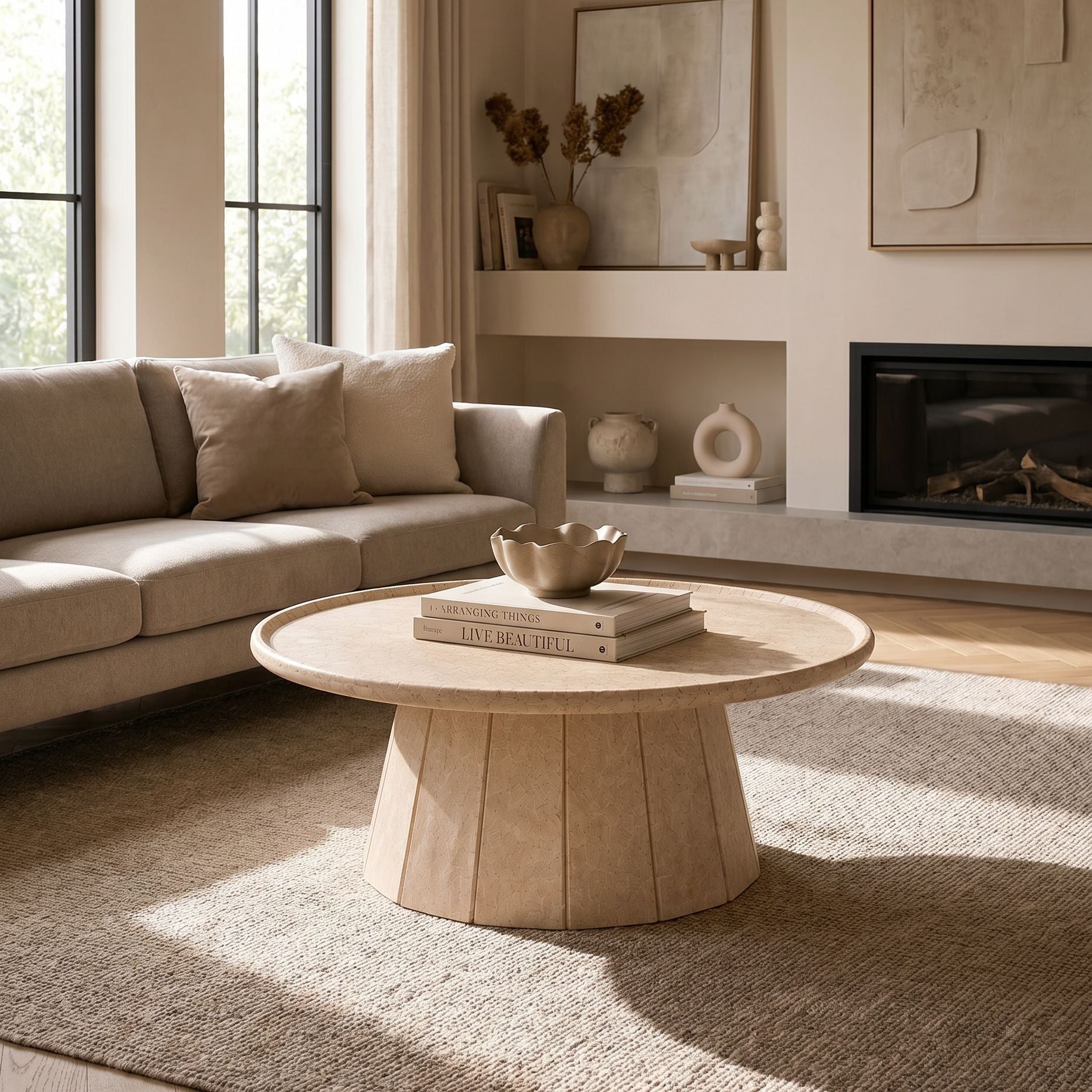 Travertine Stone Cross Cut Beige Coffee Table - Art and craft furniture
