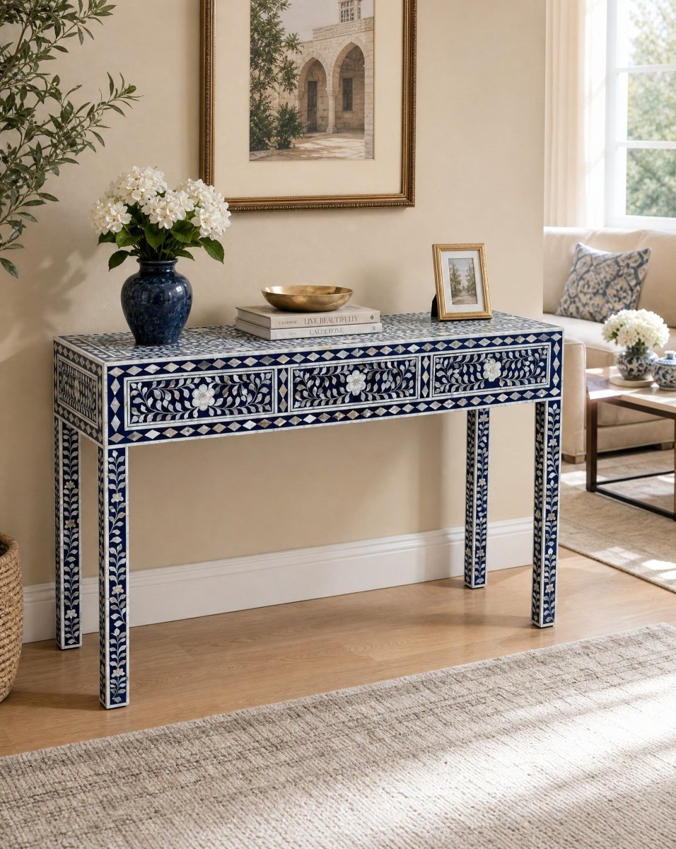 Vareli 3 Drawer Mother of Pearl Blue Console Table - Art and craft furniture