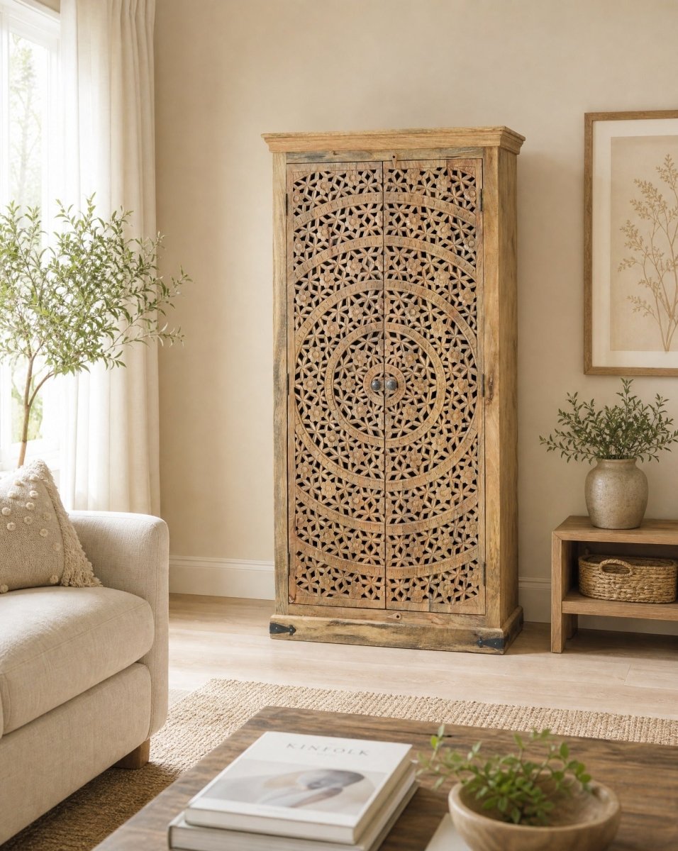 Velissa Wooden Carwing Storage Cabinet - Art and craft furniture
